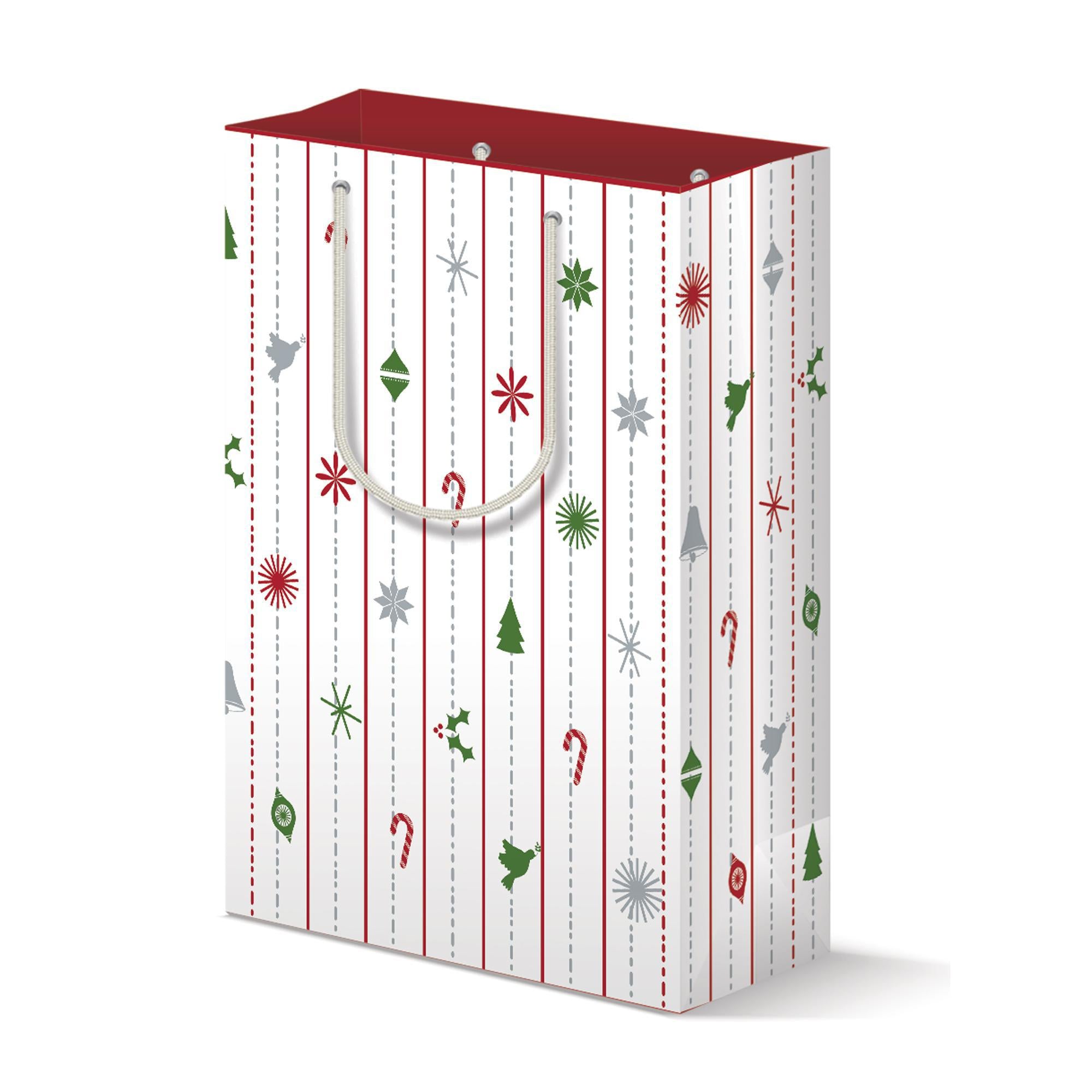 Modern Christmas gift bag with white background featuring festive red, green, and silver ornaments, trees, candy canes, and snowflakes in vertical stripes pattern. Red top edge and white handles complete the elegant design.