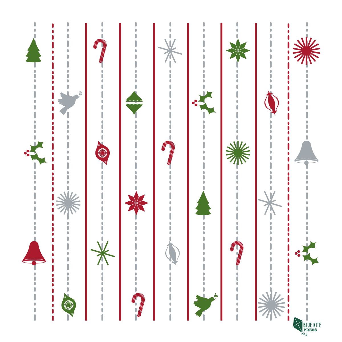 Modern Christmas gift bag design with vertical stripes featuring festive icons including trees, candy canes, ornaments, stars, bells, and holly in red, green, and silver colors on a white background