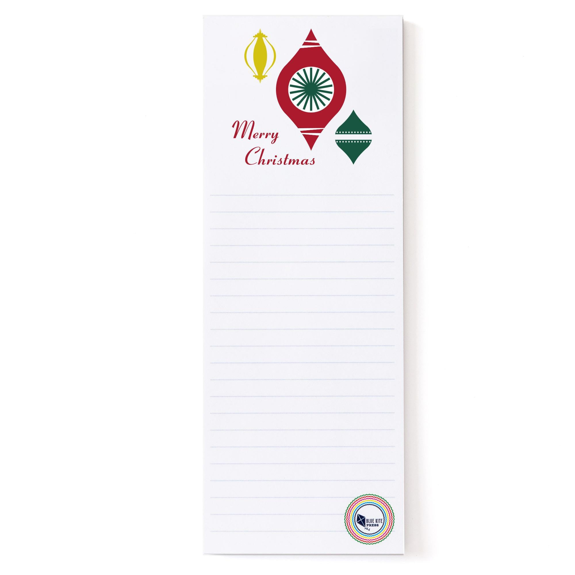 Christmas notepad with modern tree design featuring stylized ornaments in gold, red, and green on white background with lined paper for holiday planning and note-taking