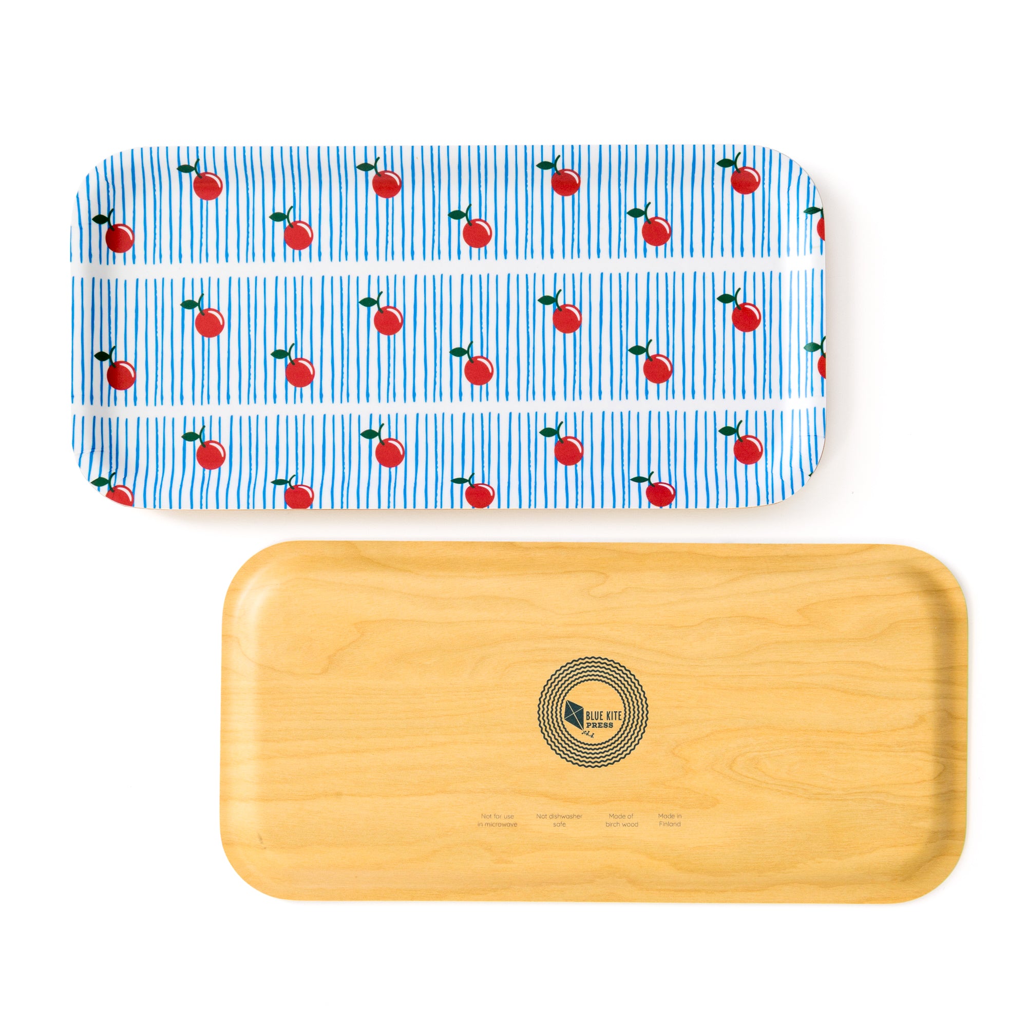Cherry Birch Tray featuring vintage red cherries on blue stripes, eco-friendly 11x5" serving tray for snacks and decor.
