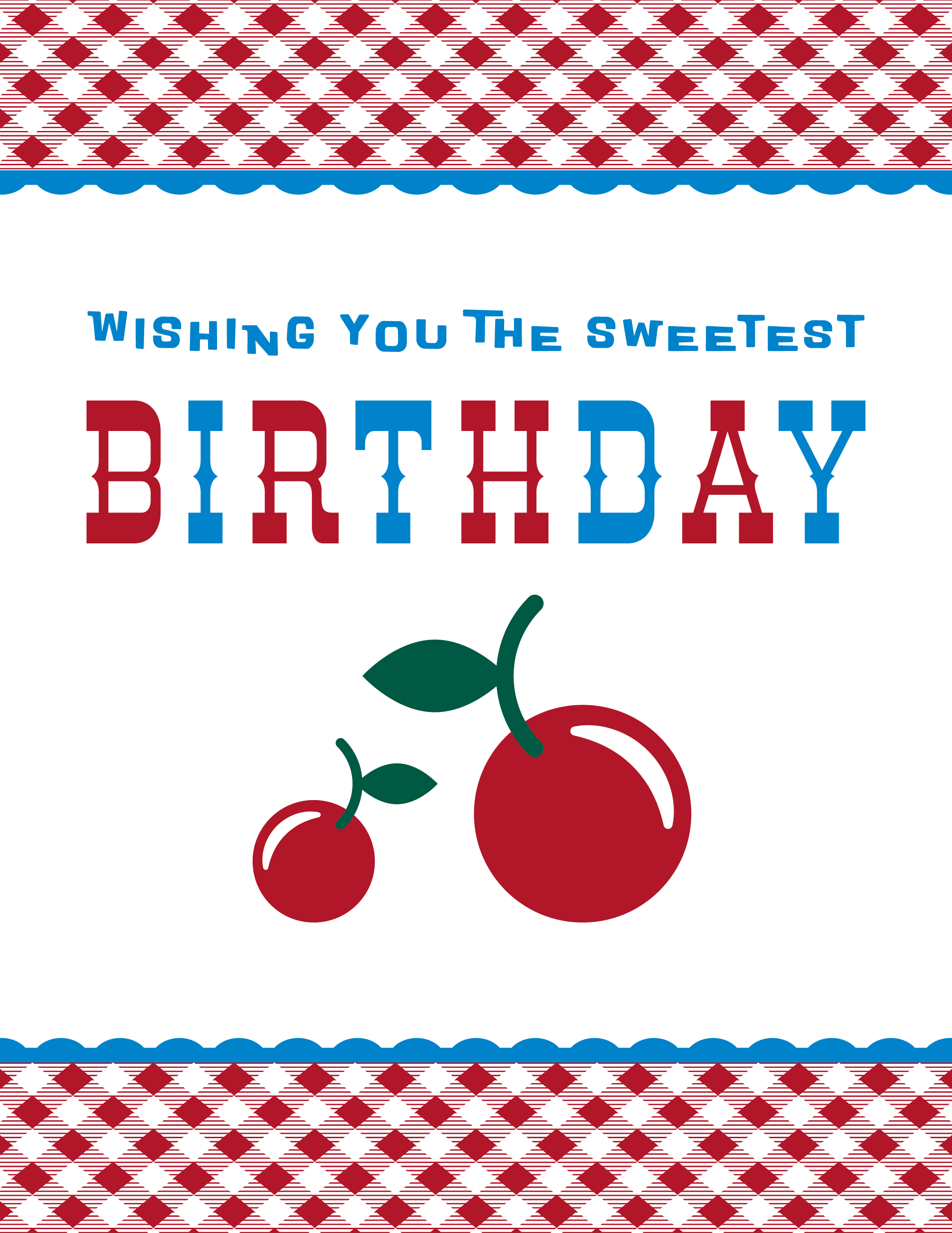 Cherry Sweetest Birthday Card with retro red gingham border and illustrated cherries on white background