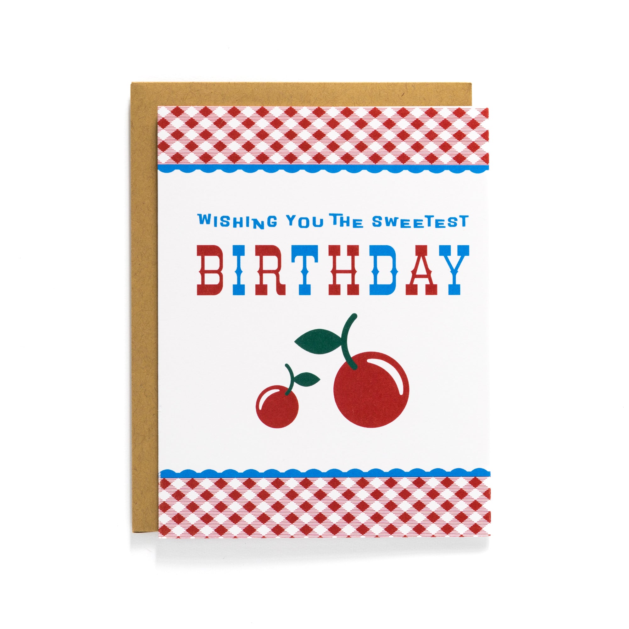 Cherry Sweetest Birthday Card with red cherries and red gingham border, retro farmhouse style, blank inside with kraft envelope.