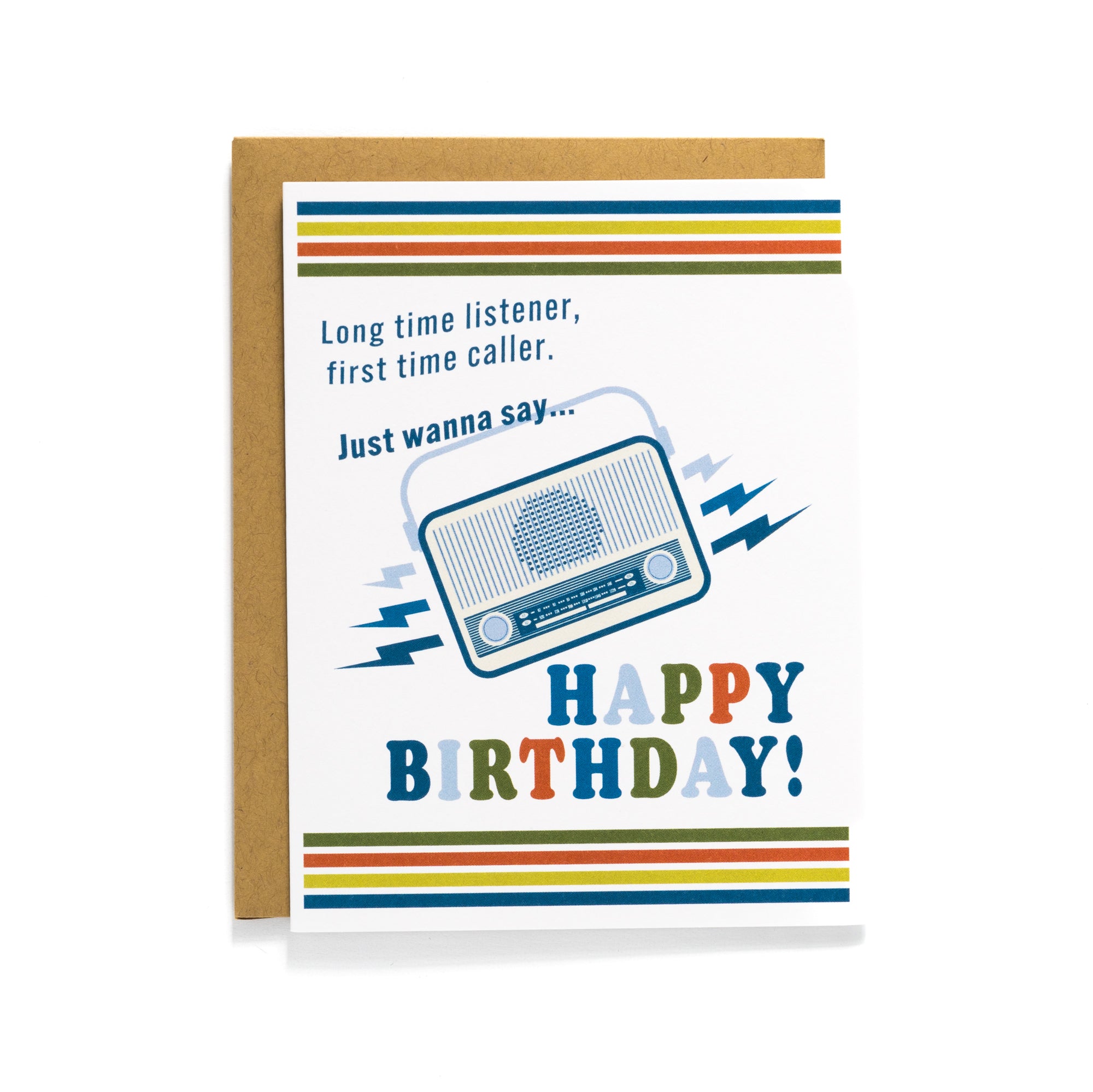 Birthday card with vintage radio design and colorful stripes saying Long time listener, first time caller, Happy Birthday.