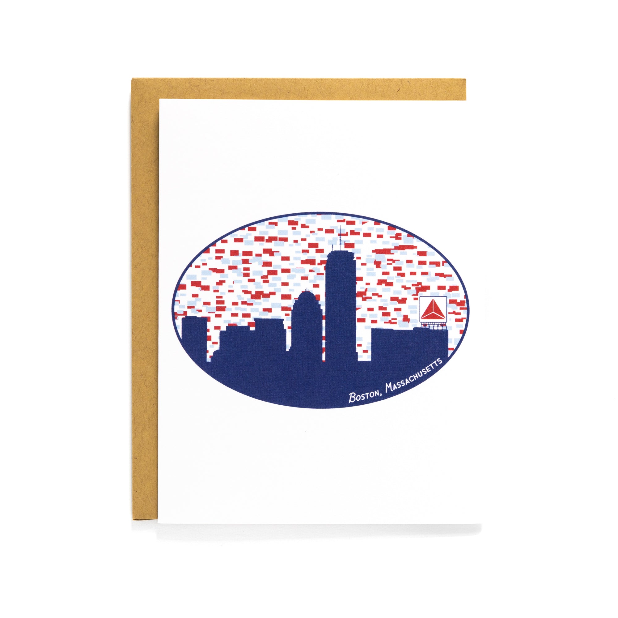Boston Skyline Card featuring navy blue cityscape and red Citgo sign with blank interior and Kraft envelope.