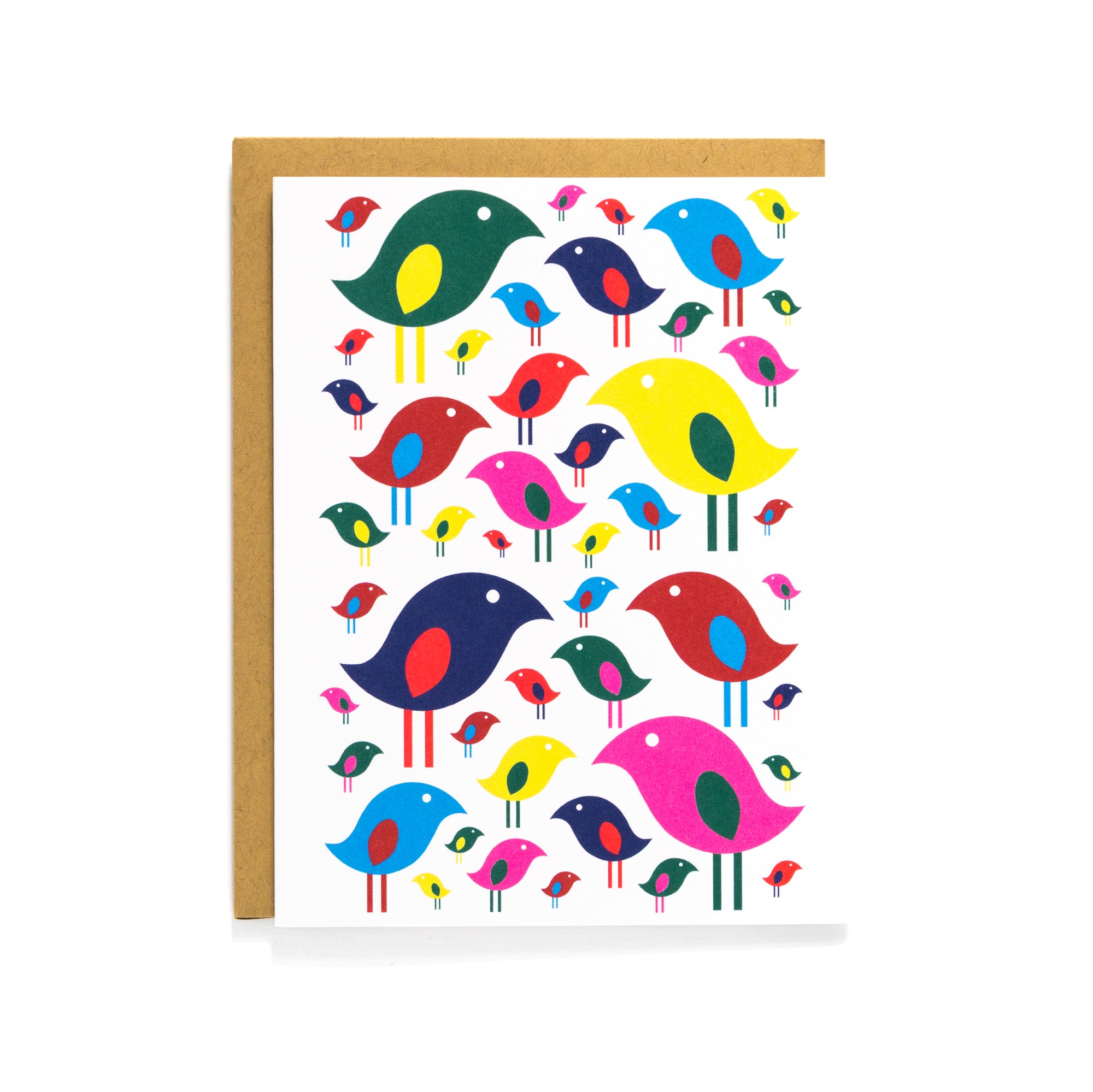 Colorful birds pattern on a blank celebration card with kraft envelope, perfect for joyful occasions and heartfelt messages.