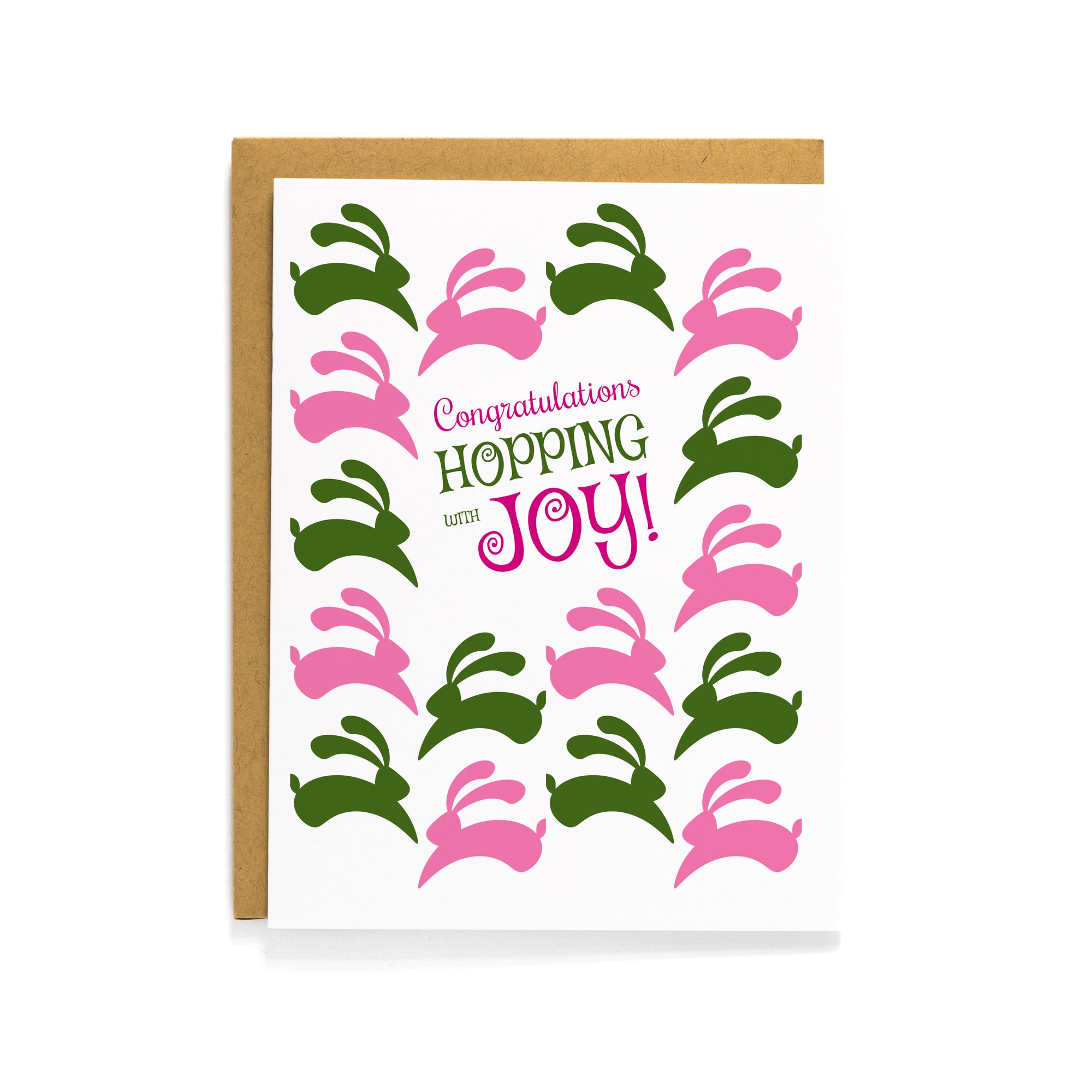 Pink and green bunny pattern congratulations card with "Hopping Joy" message and kraft envelope on white background