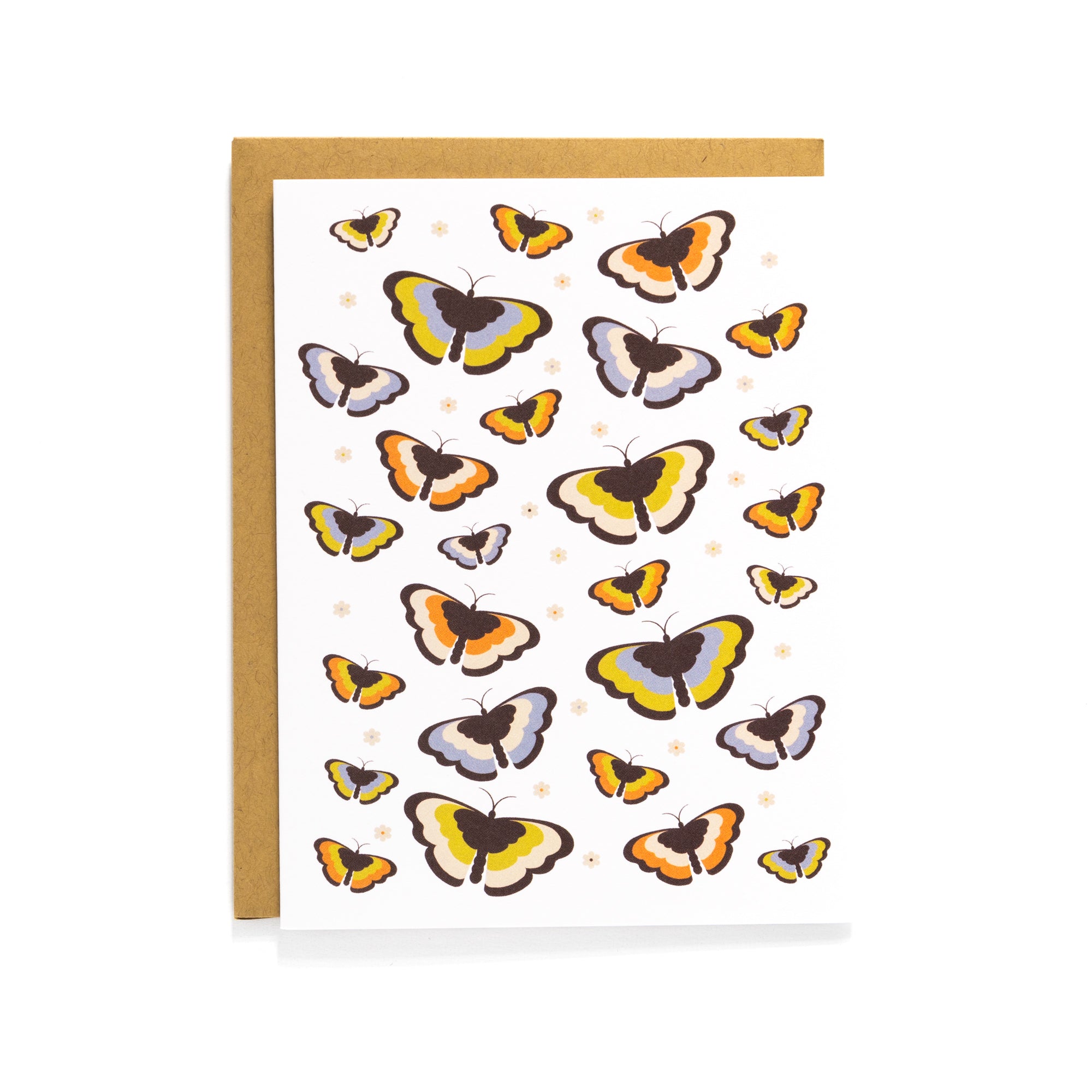 Retro-inspired butterfly pattern card with orange, yellow, and purple tones, blank inside with a Kraft envelope.