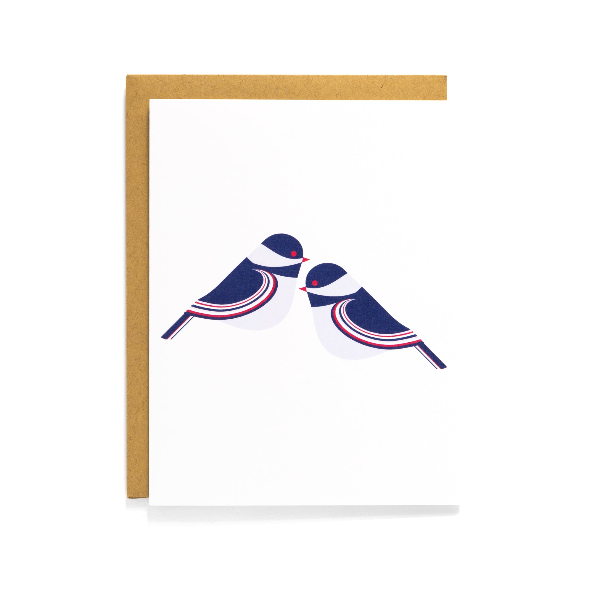 Chickadee Card featuring modern bird design on white background with Kraft envelope, blank inside for personalized message