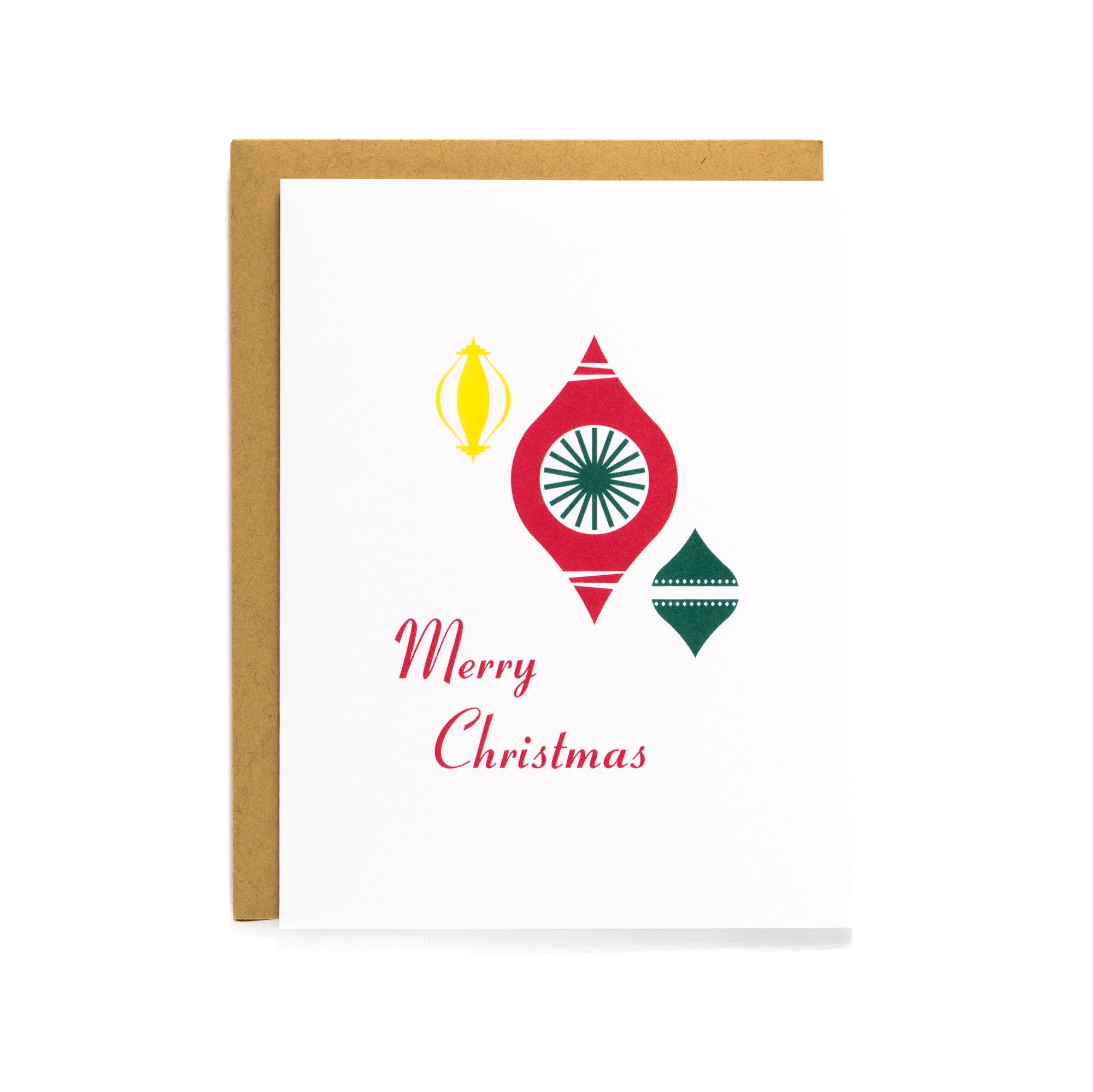 Merry Christmas card featuring modern holiday ornaments design on white background with Kraft envelope included.
