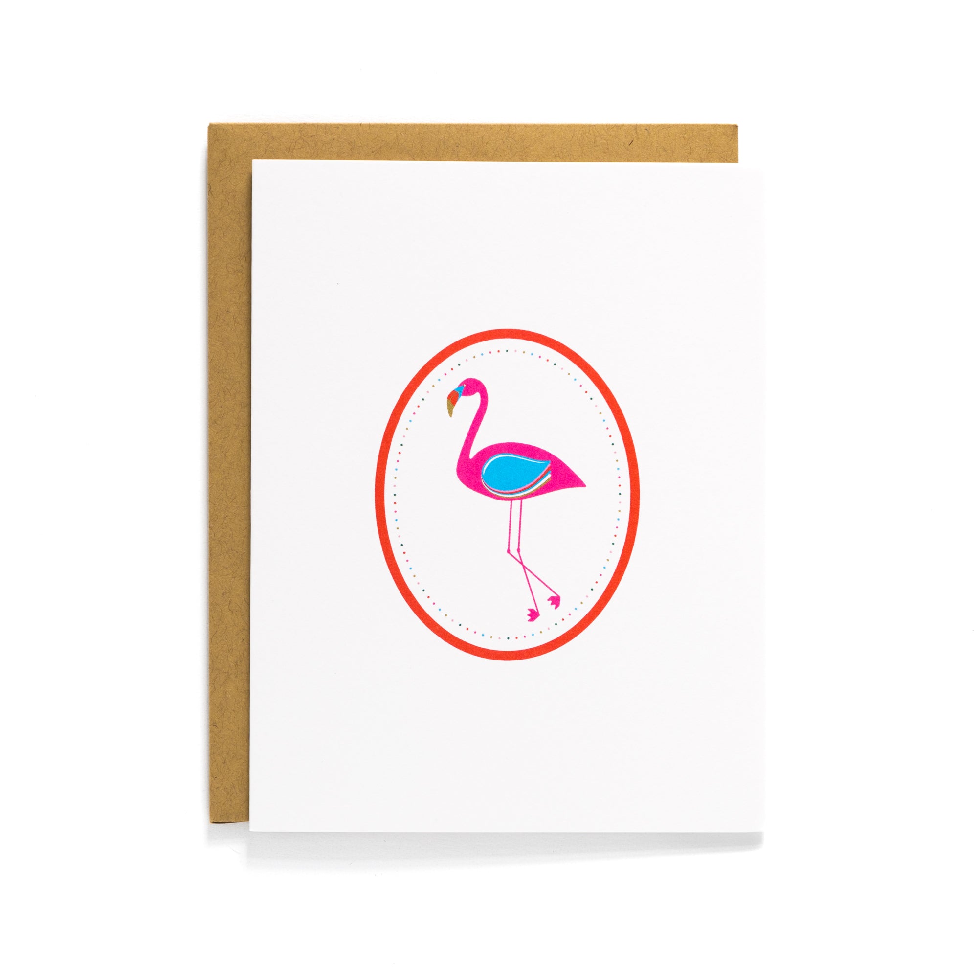 A2 greeting card featuring a colorful retro flamingo design with a blank white interior and Kraft envelope.
