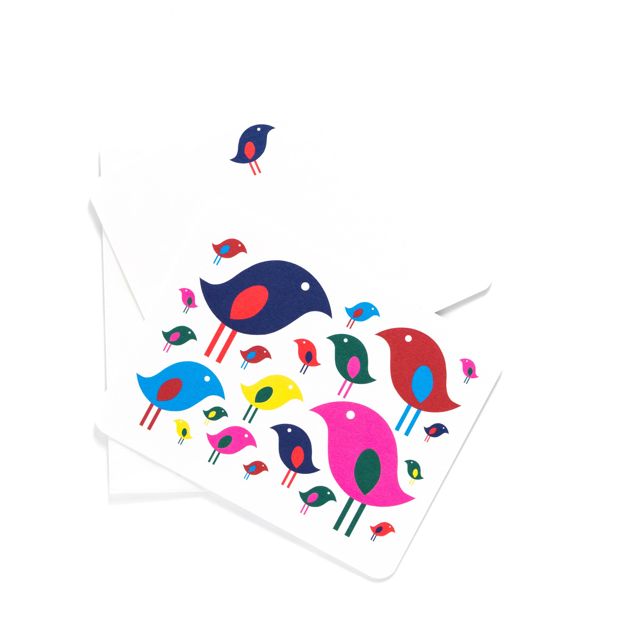 Set of colorful flat cards featuring whimsical bright bird designs with coordinating white envelopes, six cards included.