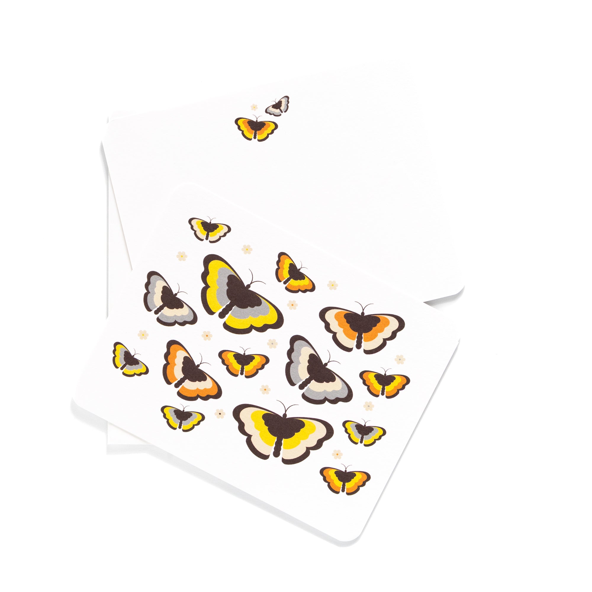 Butterfly flat card featuring colorful orange, yellow, and brown butterflies with coordinating envelope on white background.
