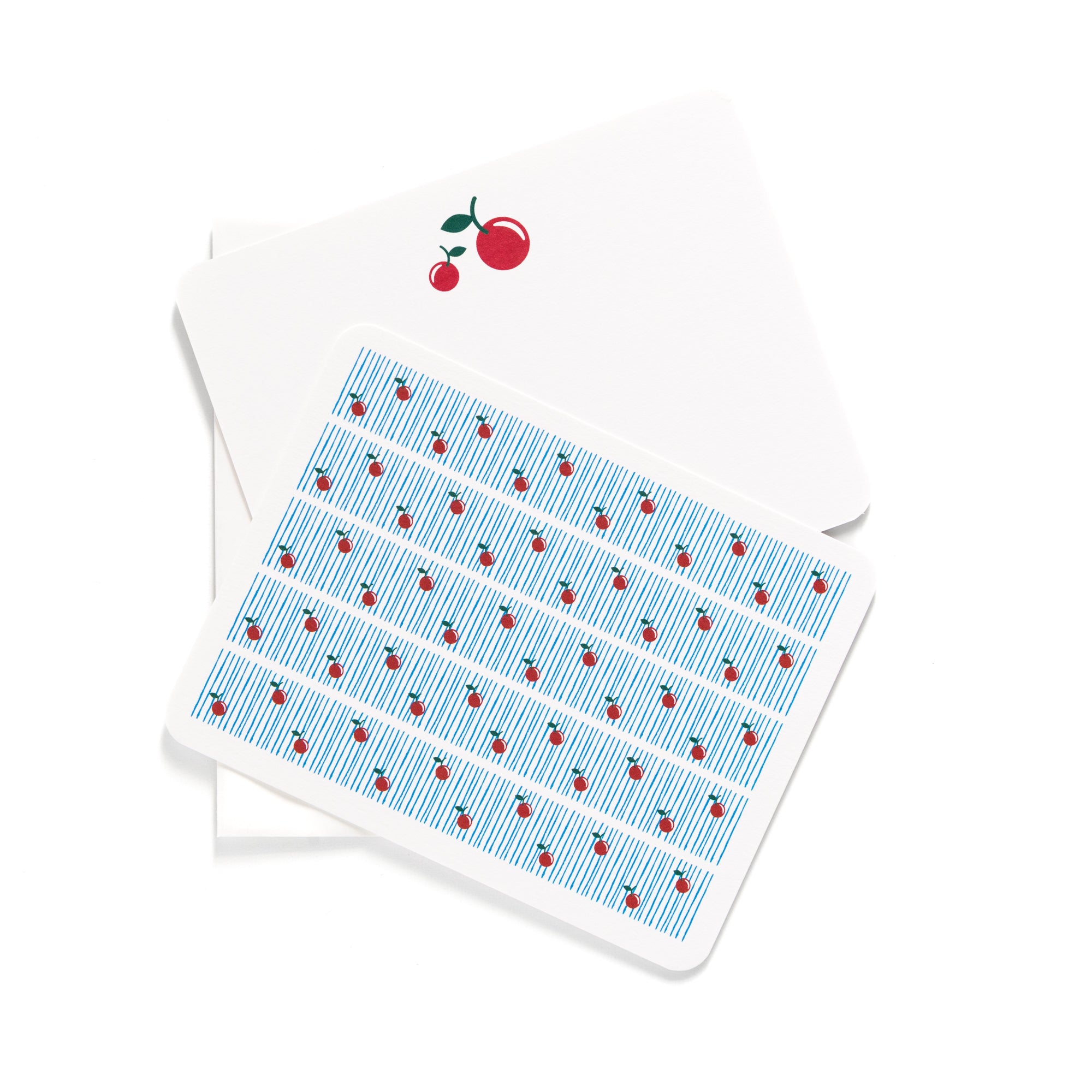 Cherry flat card set with six cards and envelopes featuring cherry illustrations and blue striped patterns.