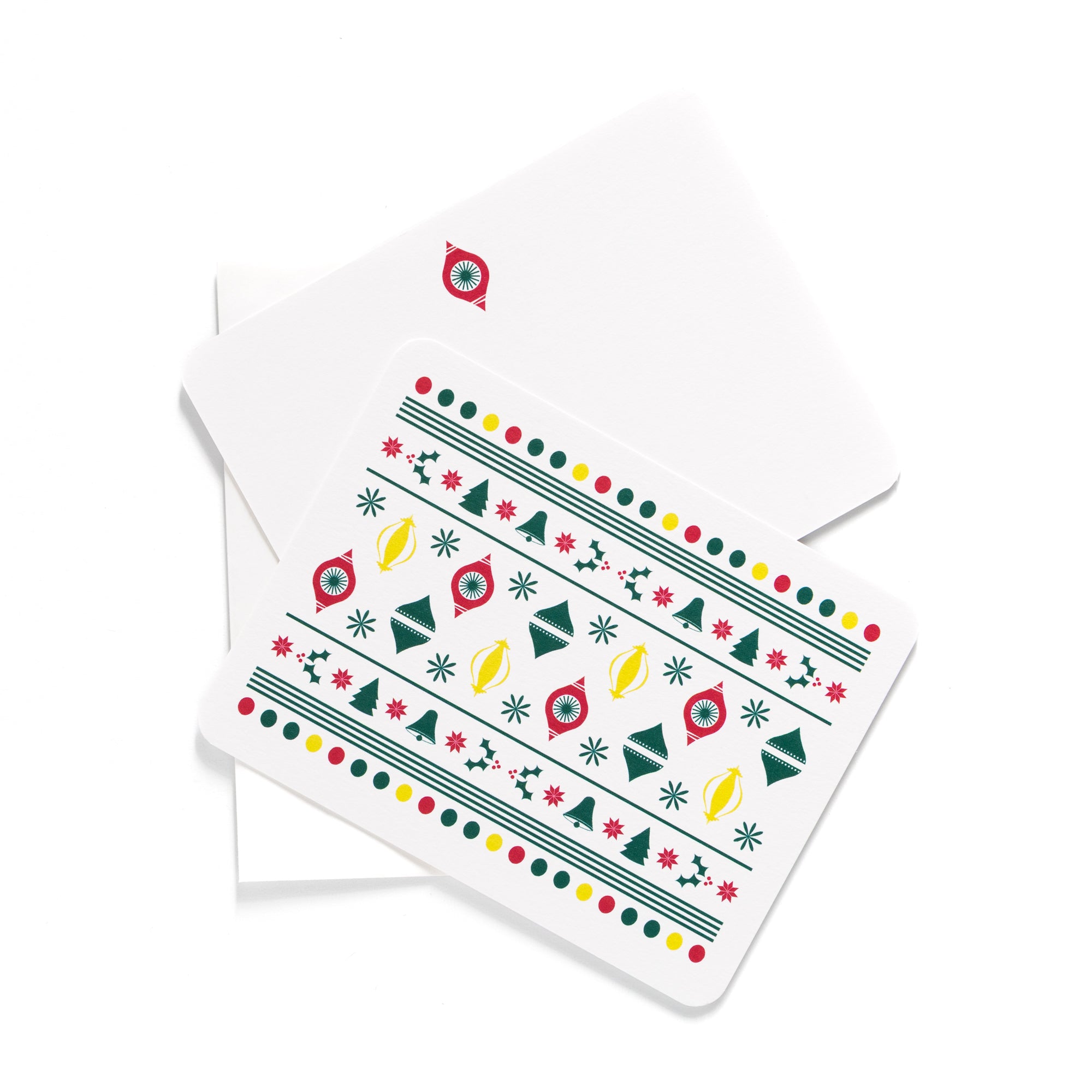 Christmas flat card featuring festive ornaments and colorful patterns, paired with a white coordinating envelope.