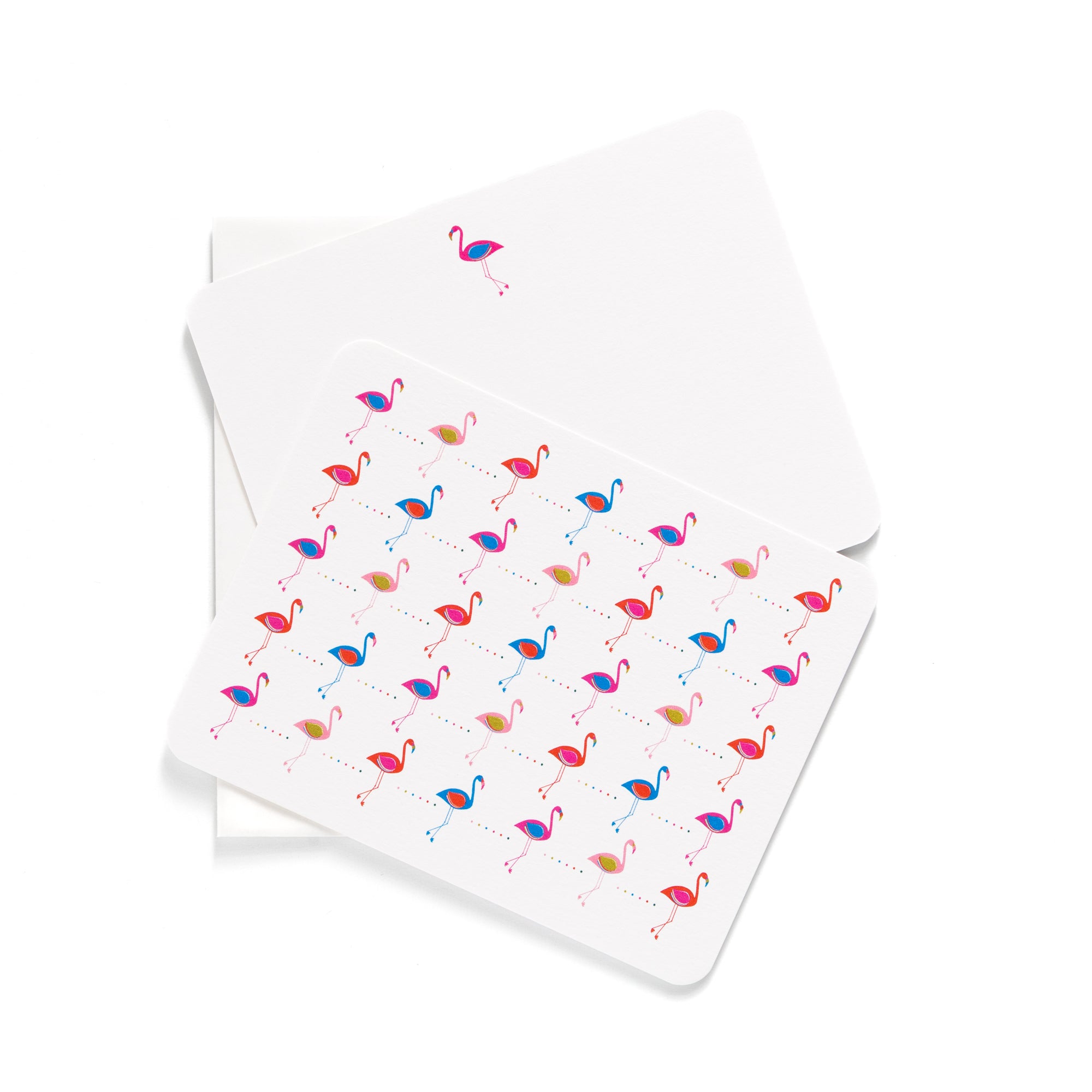 Set of six flat cards with colorful flamingo illustrations and coordinating white envelopes on white background.