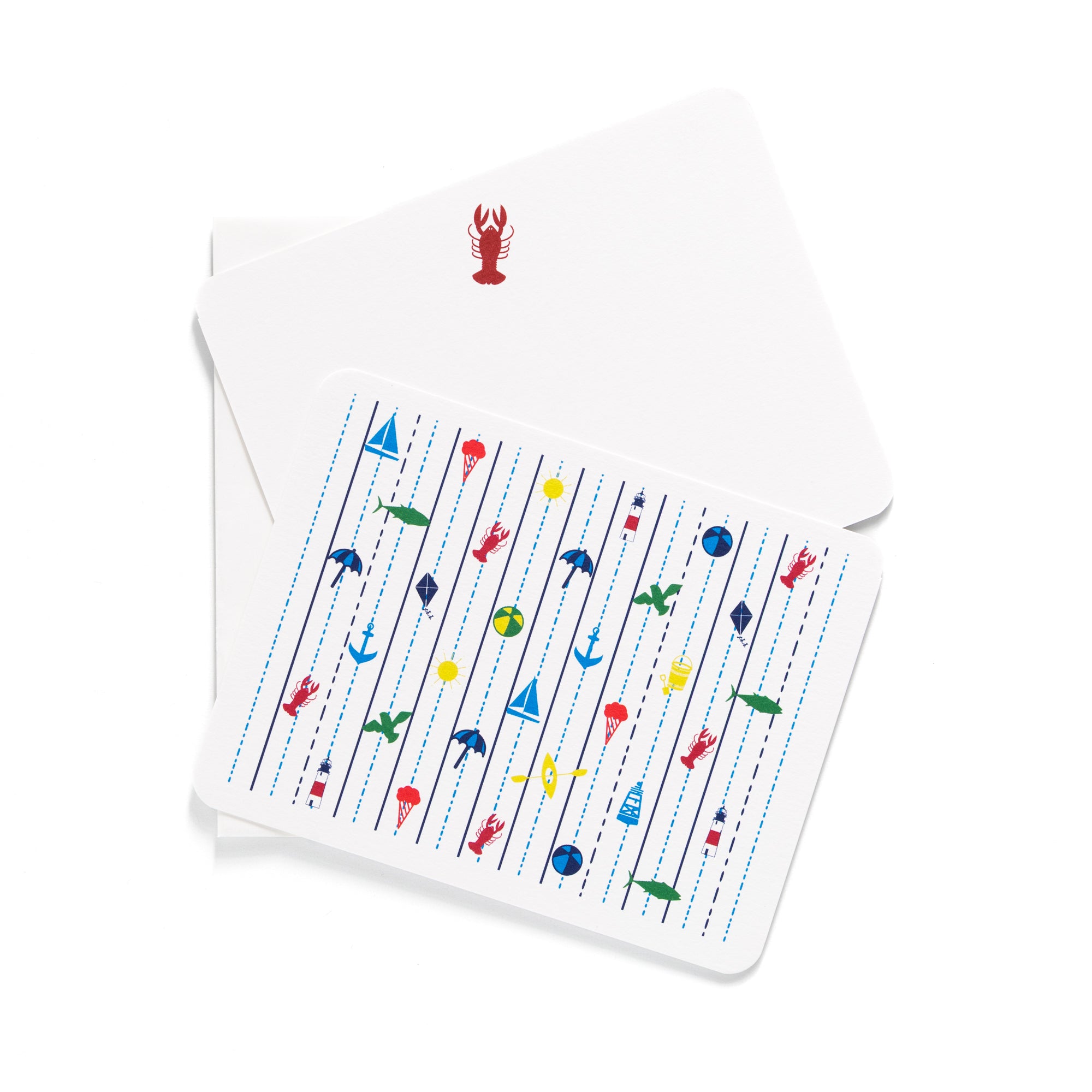 Seaside flat card set featuring colorful nautical icons and coordinating envelopes with lobster design on white background