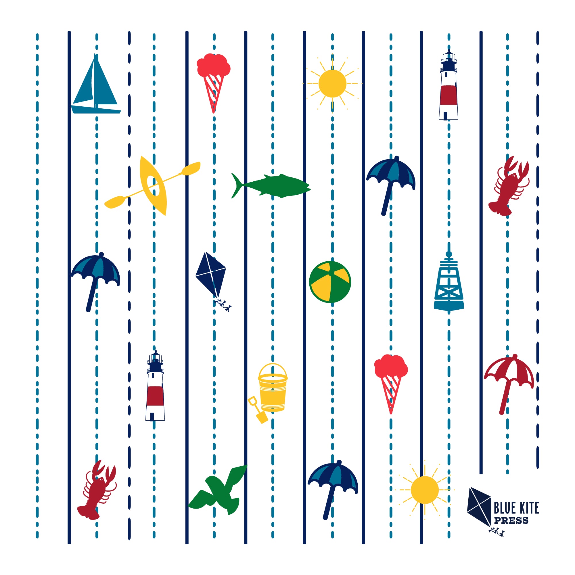 Seaside Paper Coasters with colorful New England coastal designs of lobsters, sailboats, lighthouses, and beach icons.