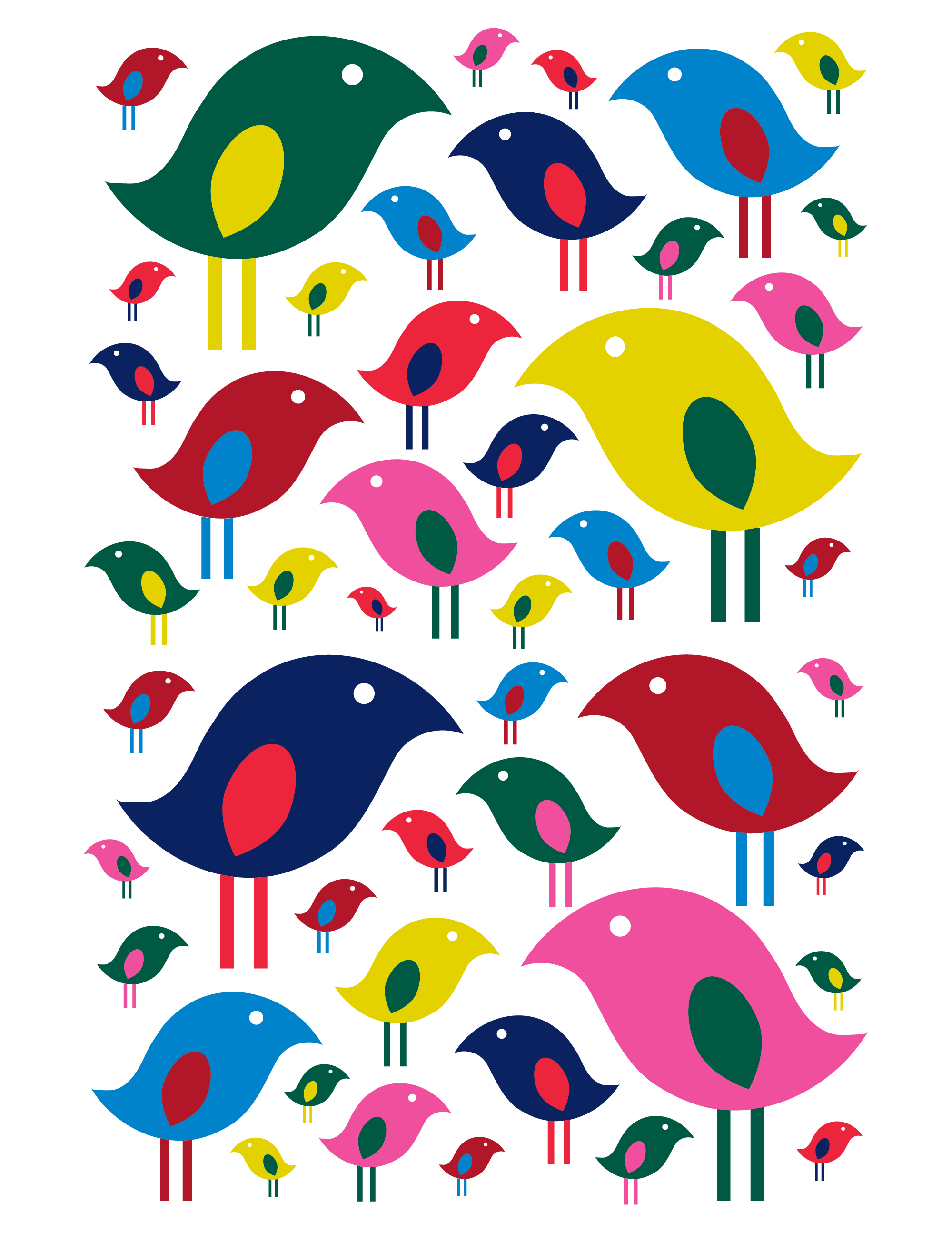 Colorful birds in various sizes forming a playful pattern on a bright celebratory greeting card design.