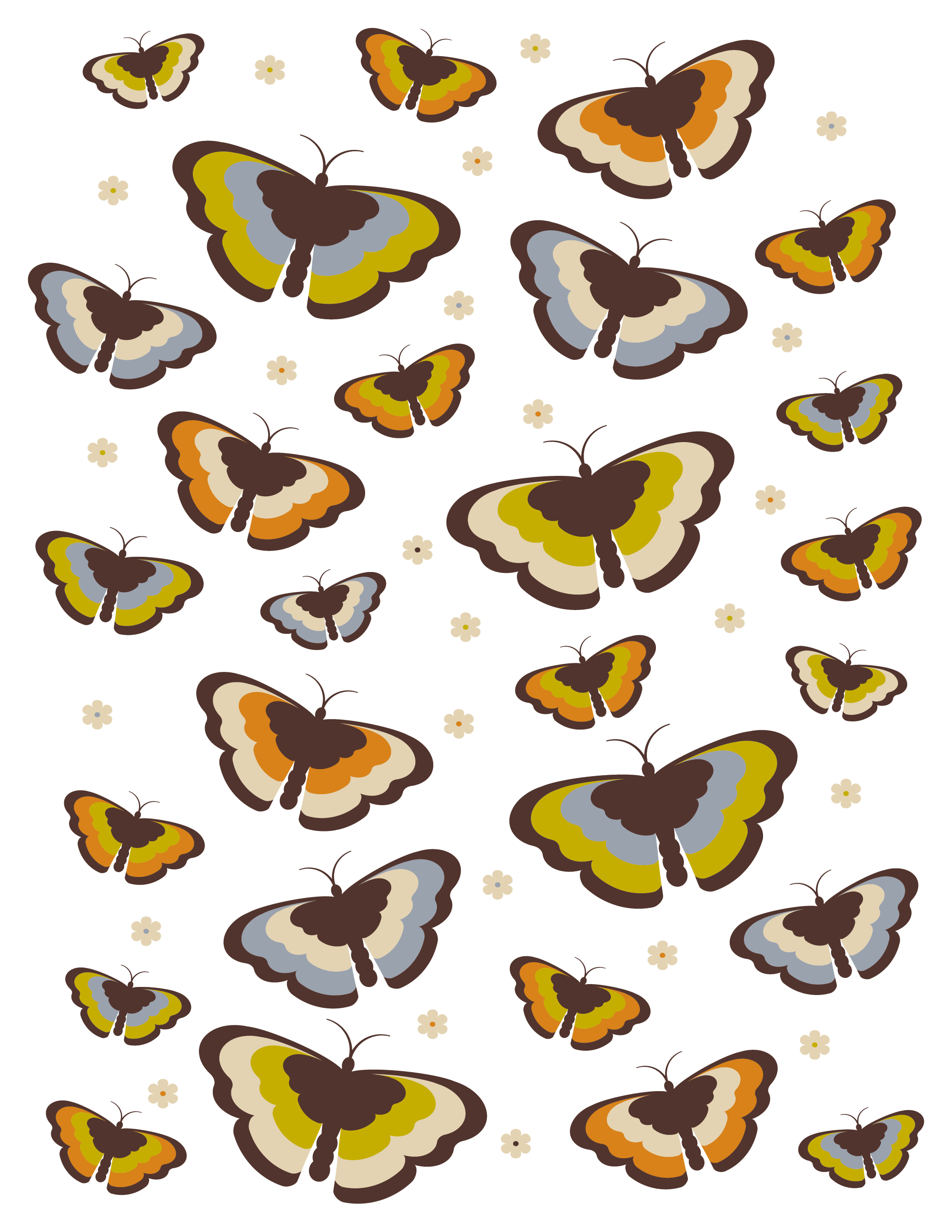 Retro 1970s inspired butterfly pattern with earthy tones and small flowers, perfect for vintage style greeting cards.