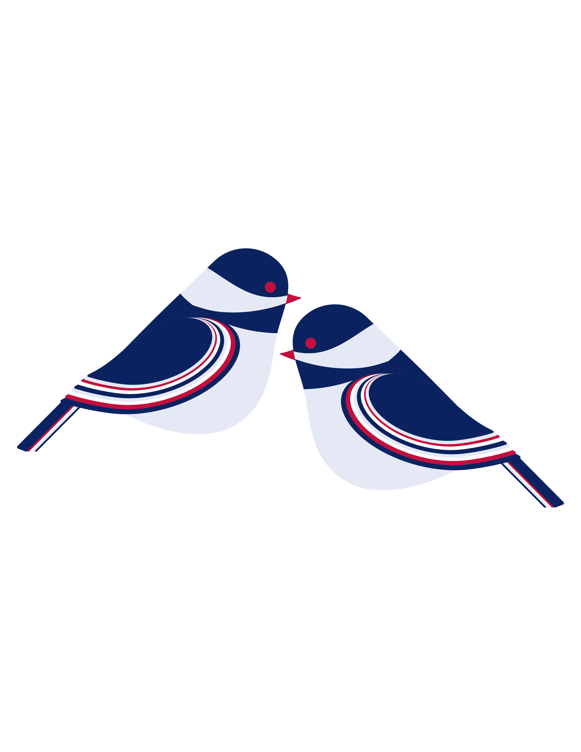 Minimalist illustration of two chickadee birds facing each other with navy, white, and red details on a white background