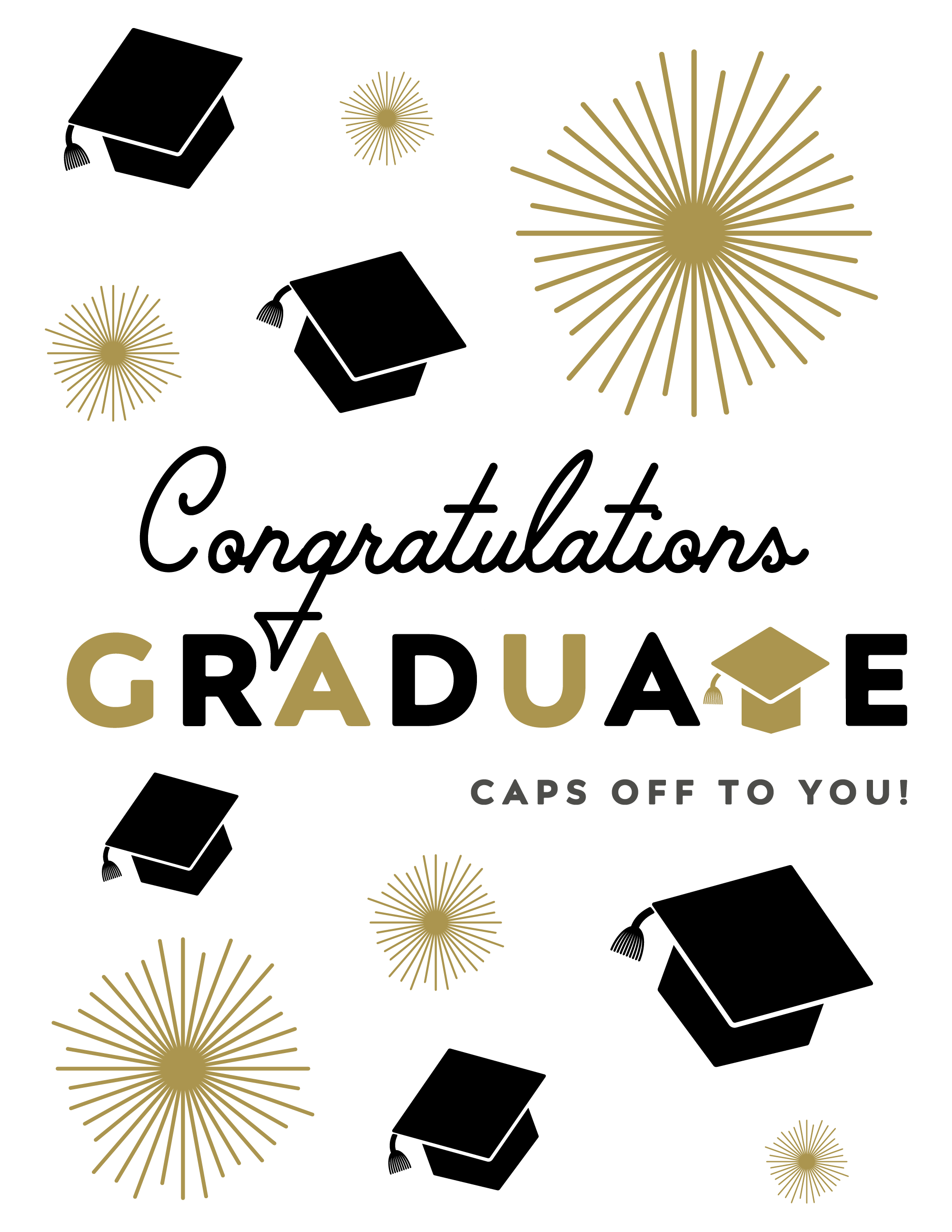 Congratulations Graduate card with black caps and gold starburst accents celebrating graduation achievement
