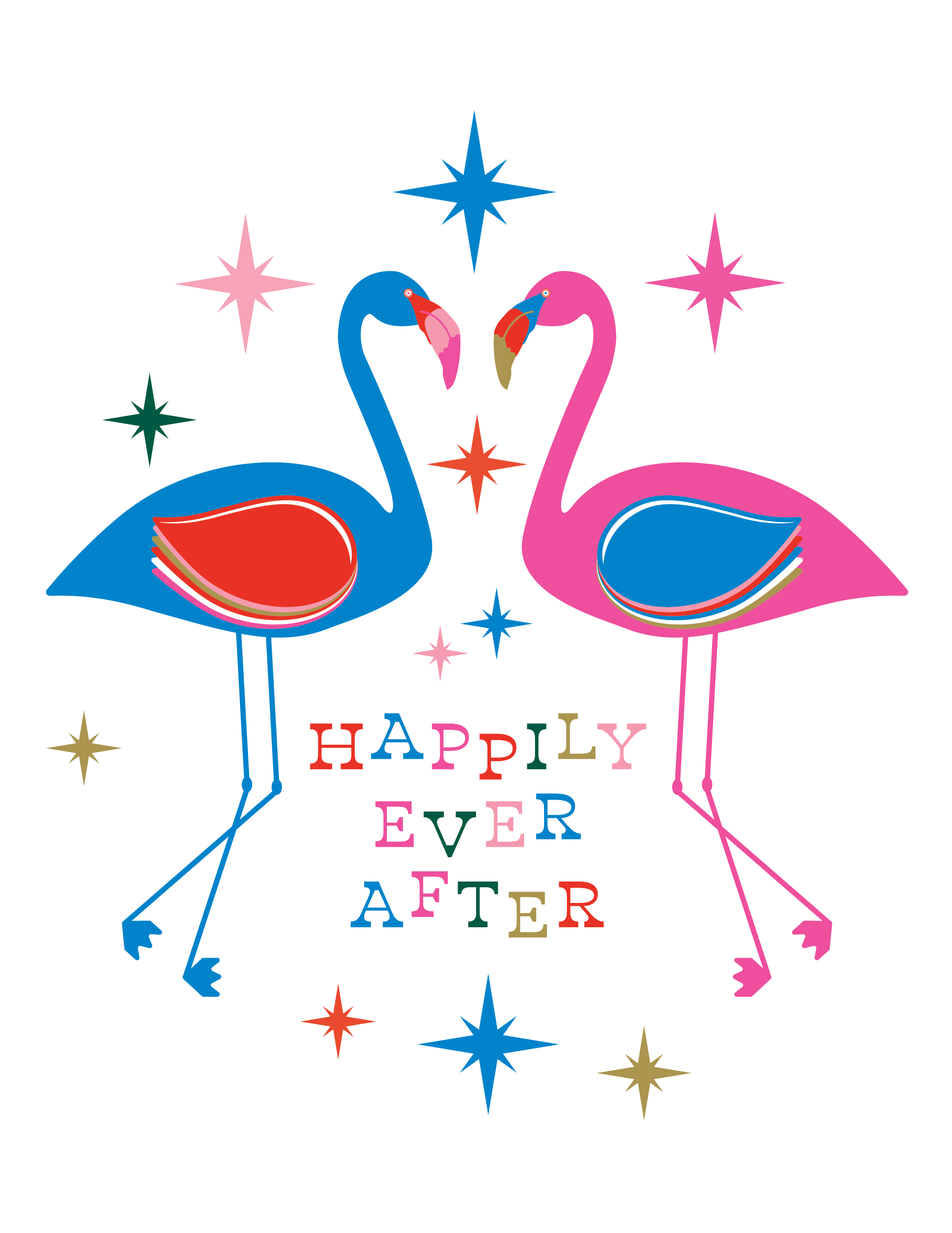 Two colorful flamingos with vibrant stars and colorful "Happily Ever After" text on a white background greeting card.