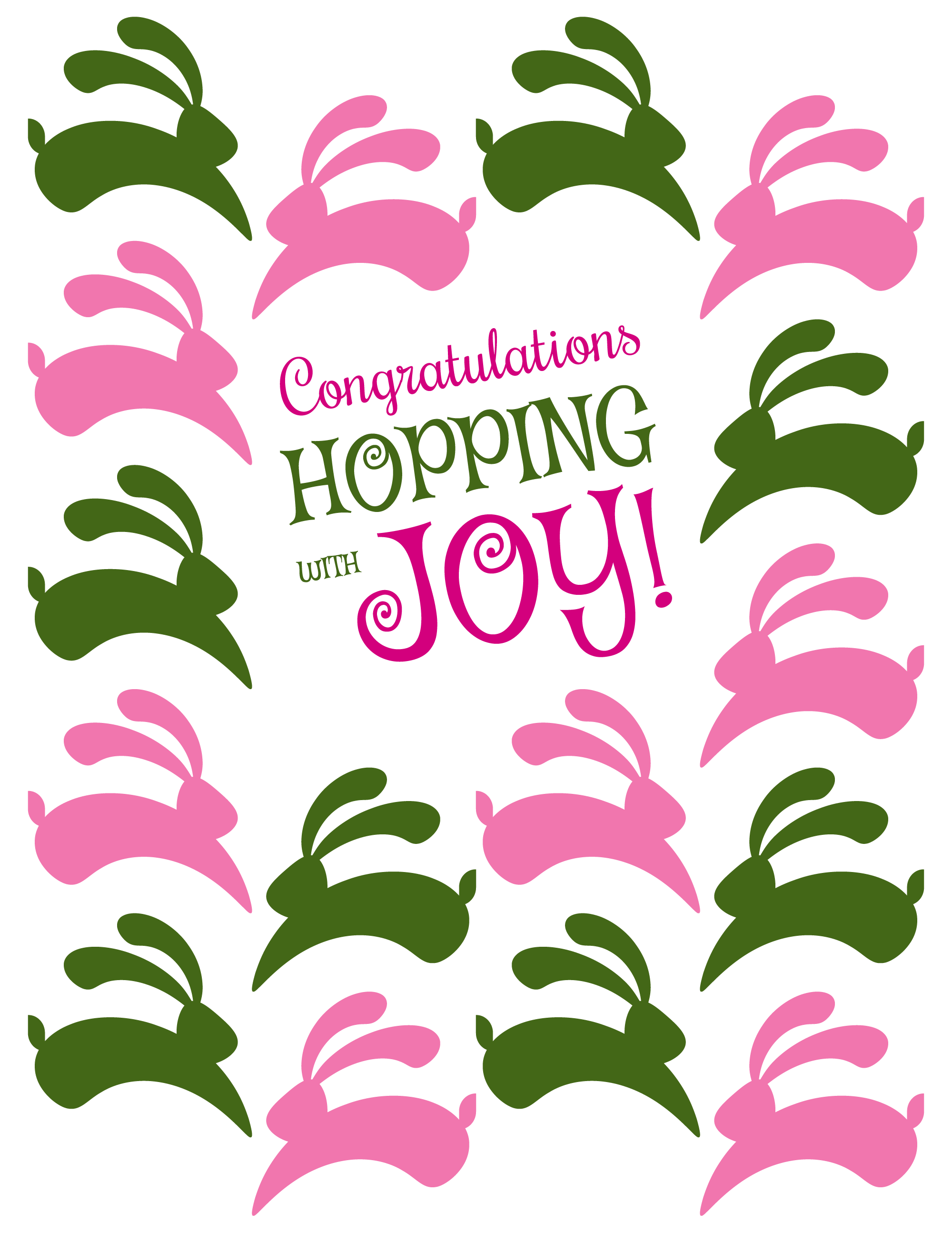 Pink and green hopping bunnies surrounding the text Congratulations Hopping with Joy on a white card background