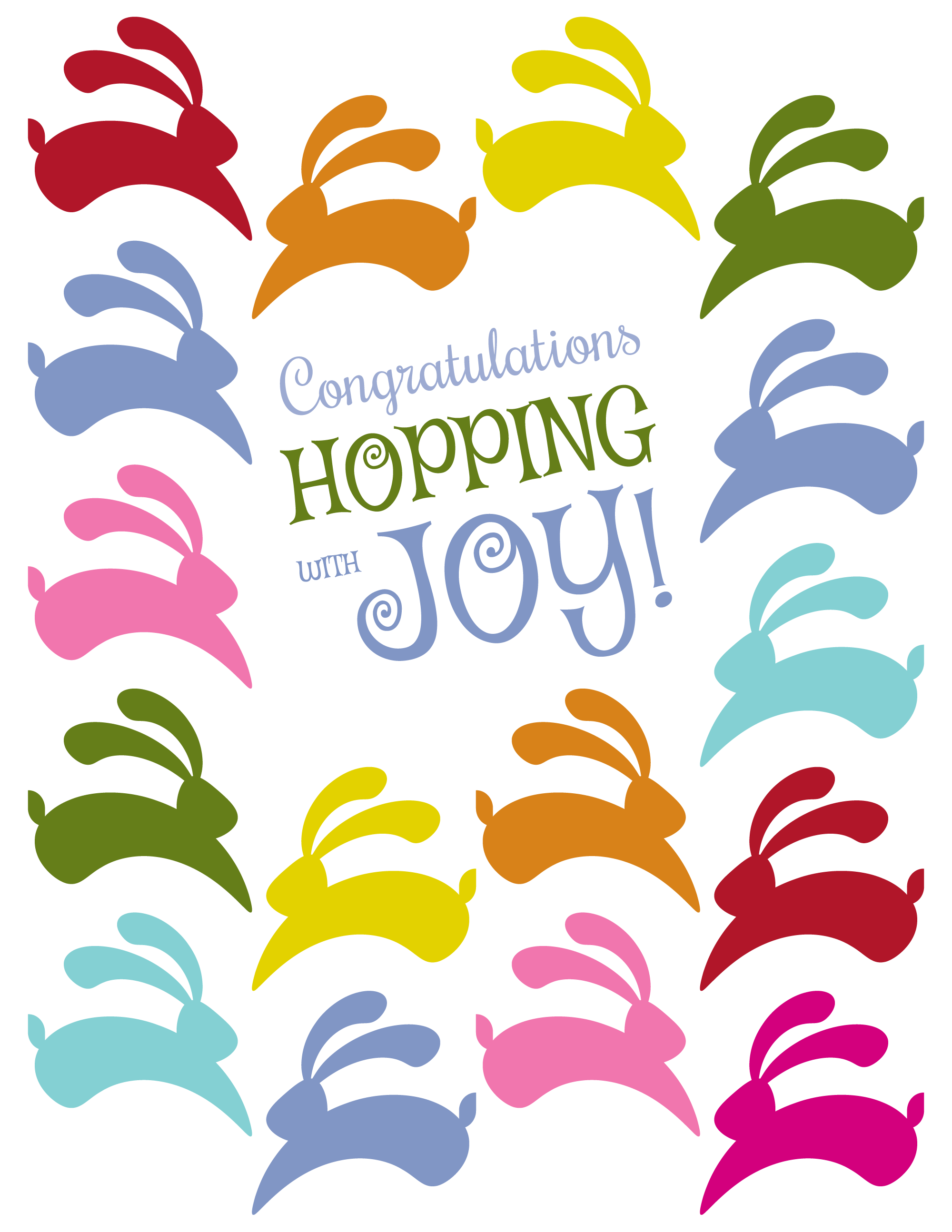 Colorful hopping bunnies surround playful text saying Congratulations Hopping With Joy on a bright celebratory card design.