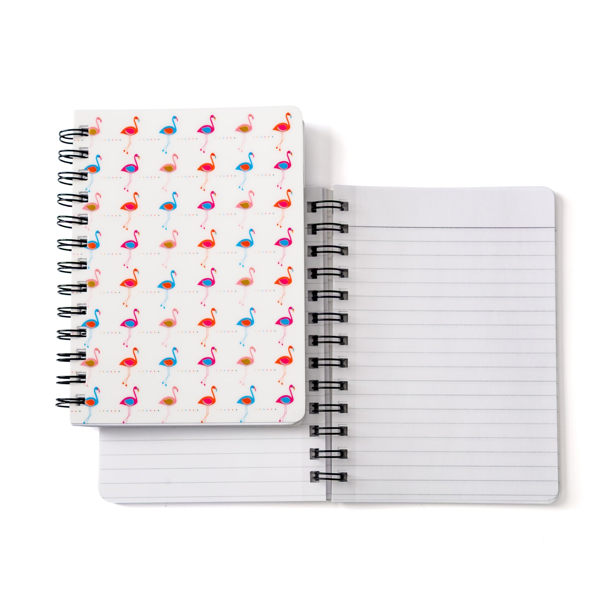 Flamingo Notebook | Retro | 5x7 Spiral showing a colorful flamingo pattern and lined open pages on a white background