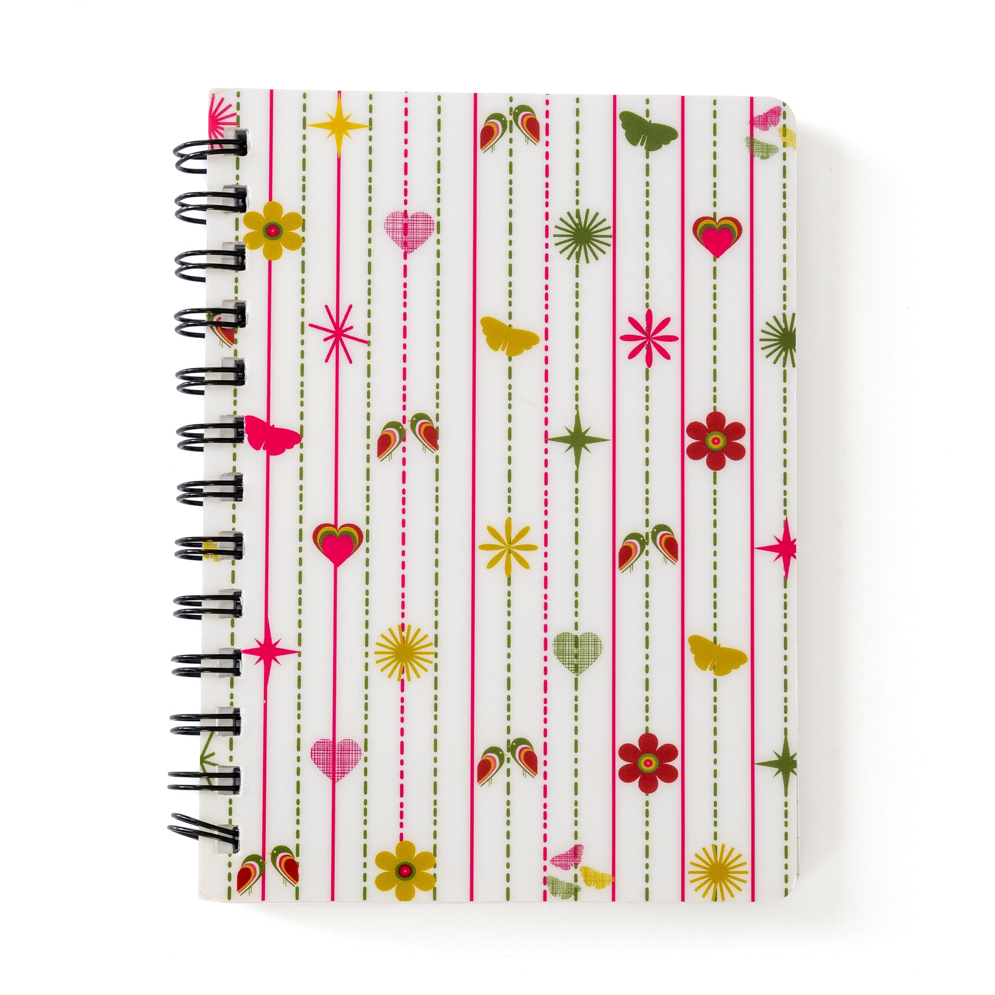 Pink Hearts & Flowers Notebook with retro floral design, 5x7 size, spiral binding, perfect for notes and ideas.