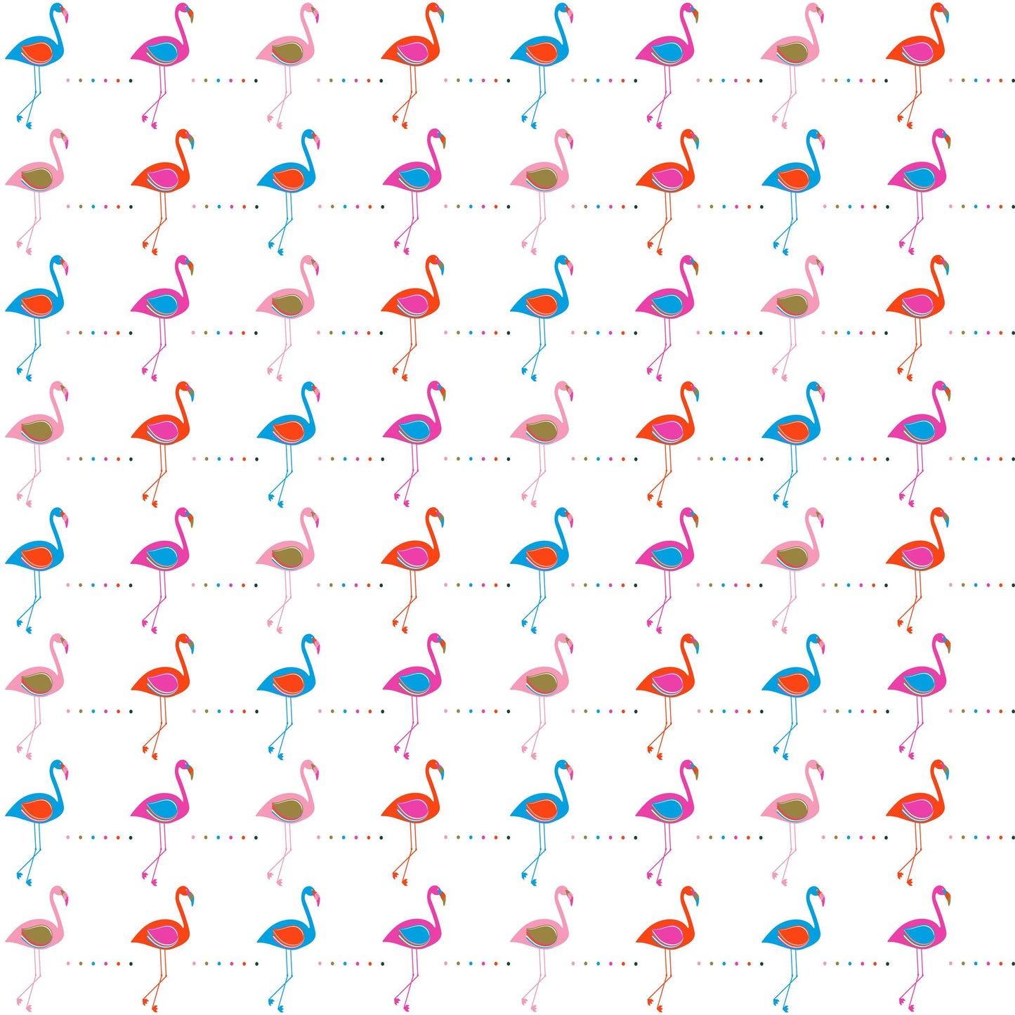 Colorful flamingo pattern on white background with vibrant pink, blue, and orange flamingos in various poses, arranged in rows with dotted lines between each row