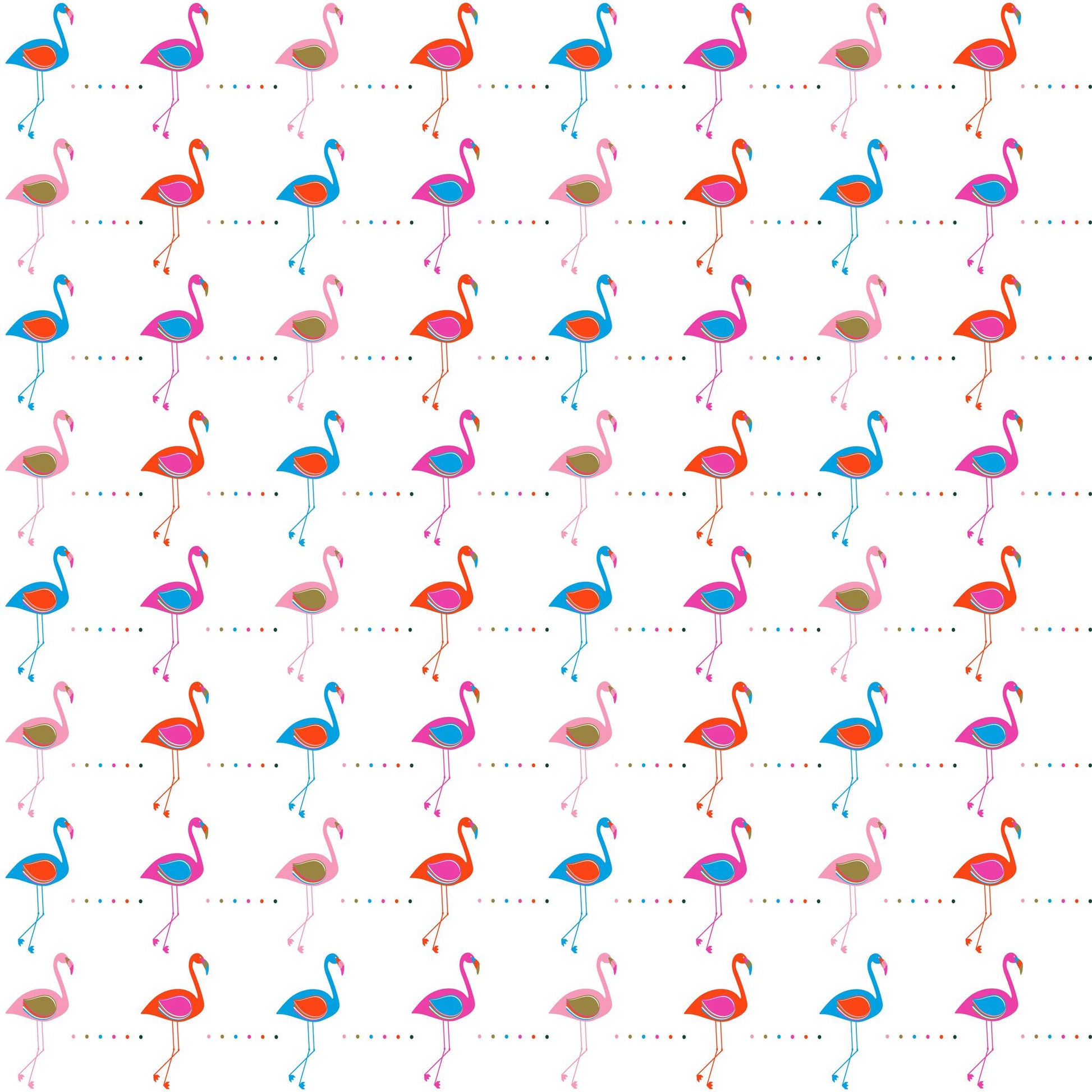 Colorful flamingo pattern on white background with vibrant pink, blue, and orange flamingos in various poses, arranged in rows with dotted lines between each row