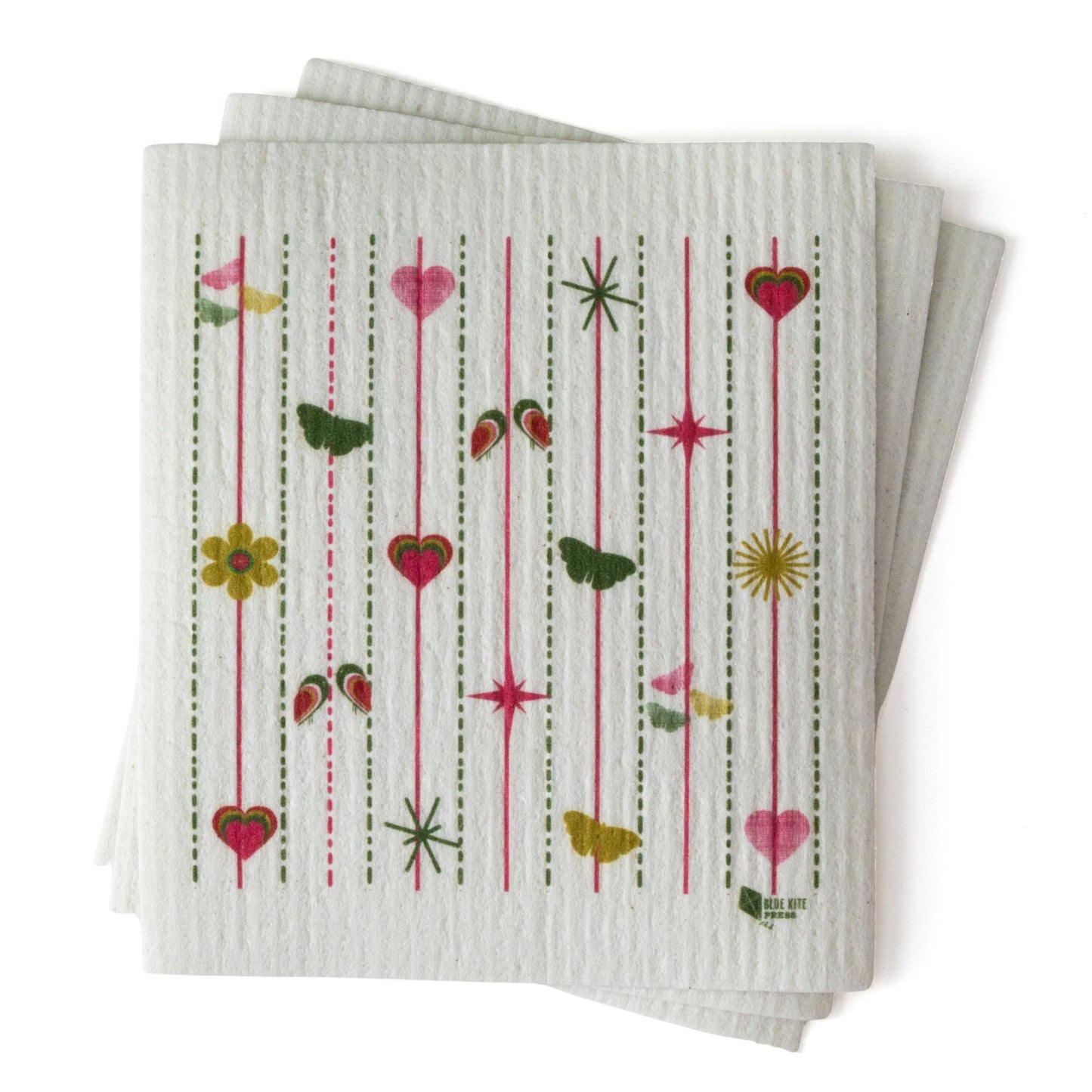 Swedish dishcloth with pink and green pattern featuring hearts, flowers, butterflies, and stars arranged in vertical stripes on white background, showcasing eco-friendly and reusable kitchen cleaning product