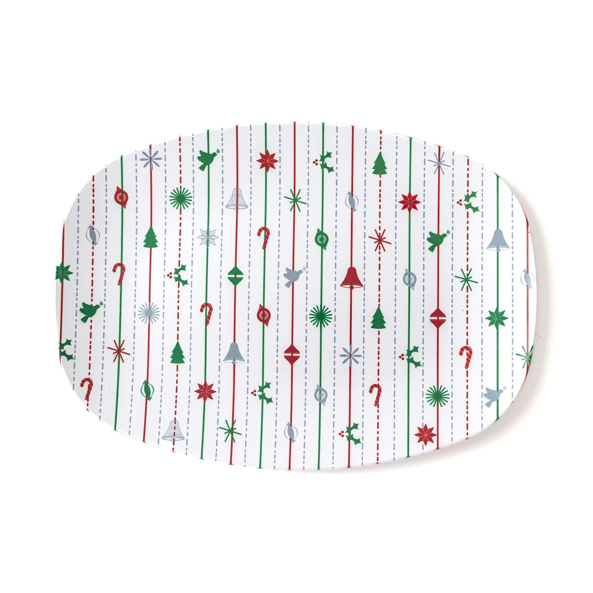 Christmas Serving Tray | Vintage Christmas | Oval with modern ornaments and trees design for holiday serving.