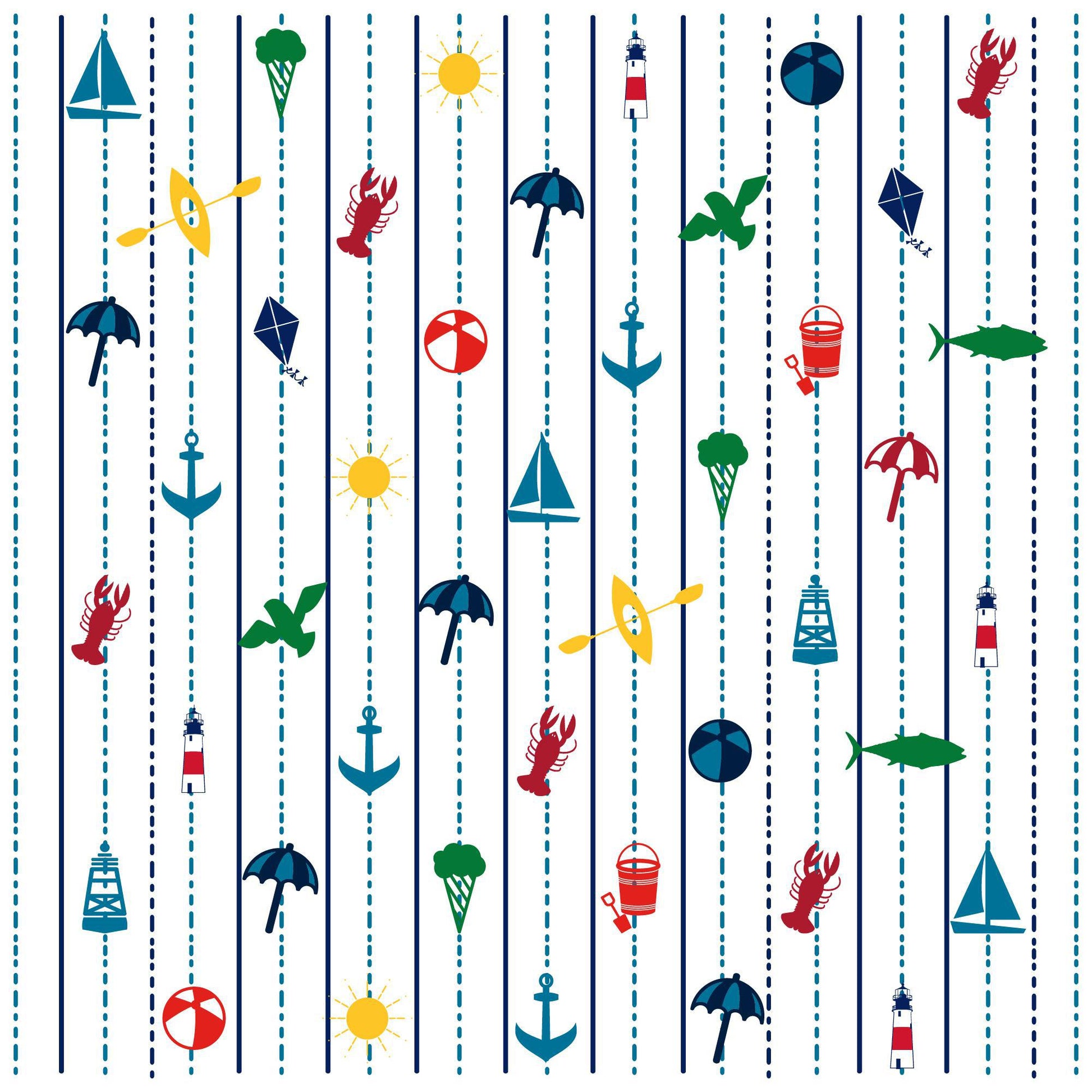 Colorful New England coastal pattern featuring sailboats, lighthouses, lobsters, fish, anchors, umbrellas, and beach balls on a white background with blue vertical stripes, perfect for a seaside-themed Swedish dishcloth