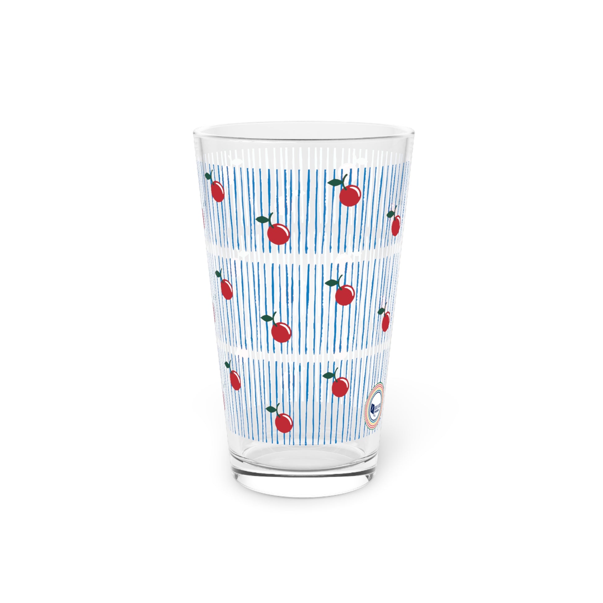Cherry Pint Glass | Blue and Red Retro Pattern | 16 oz glass with vertical blue stripes and red cherries design