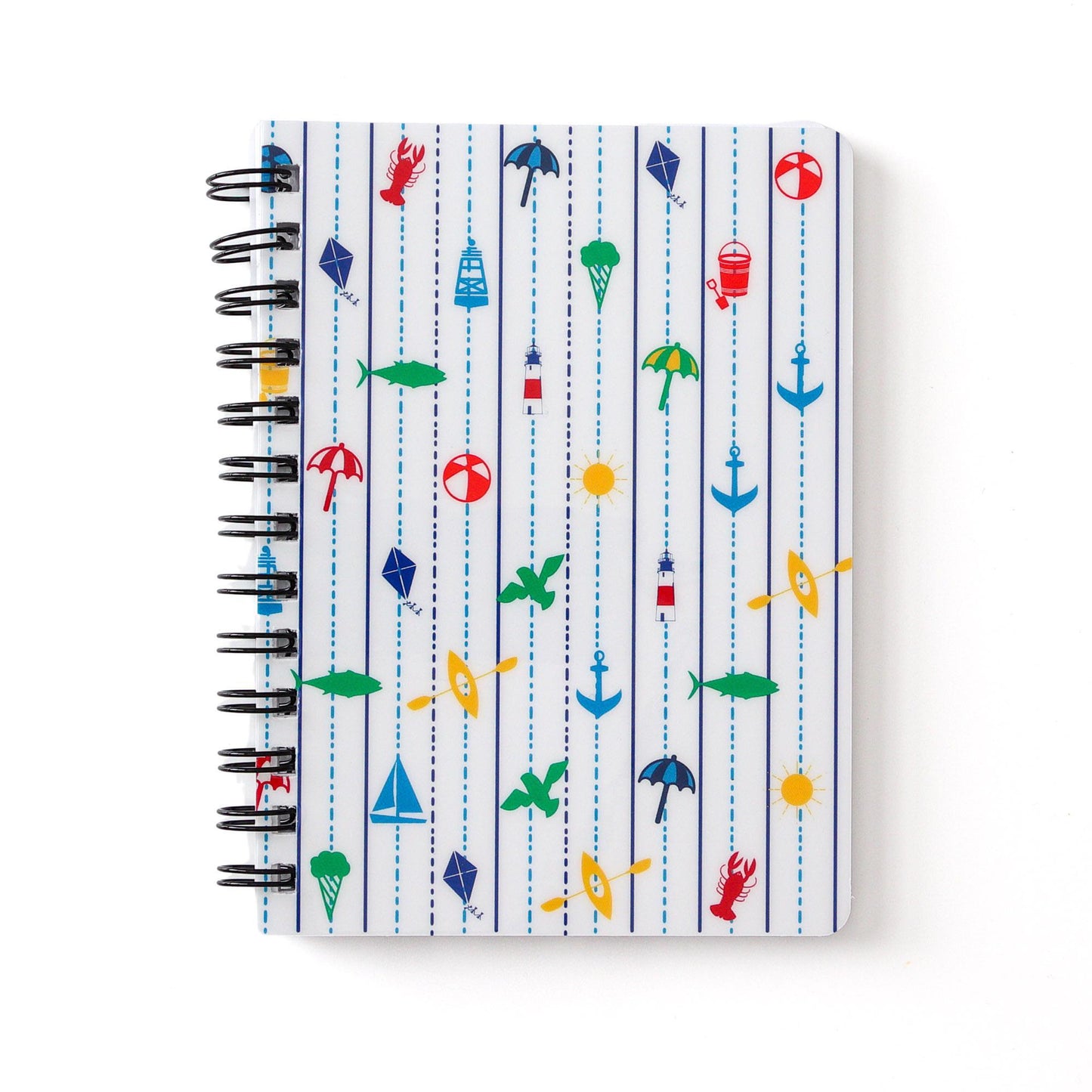 Spiral-bound notebook with colorful New England coastal icons including lighthouses, fish, umbrellas, anchors, and shells on a white background with blue vertical dotted lines, perfect for seaside-inspired note-taking