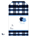 Hanukkah Gift Tags Dreidels & Menorahs 8 Tags with blue plaid and dreidel design for holiday gift labeling