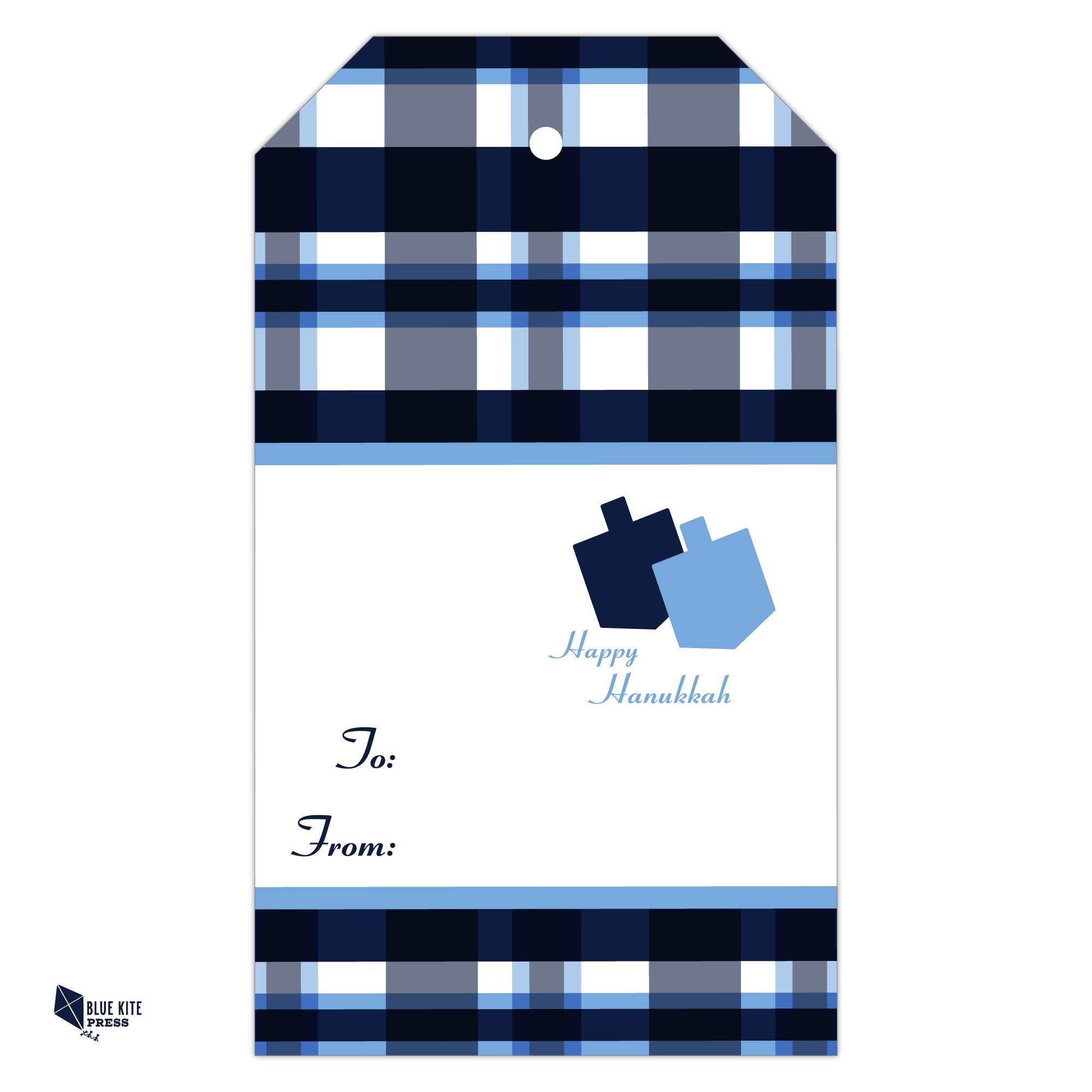 Hanukkah Gift Tags Dreidels & Menorahs 8 Tags with blue plaid and dreidel design for holiday gift labeling