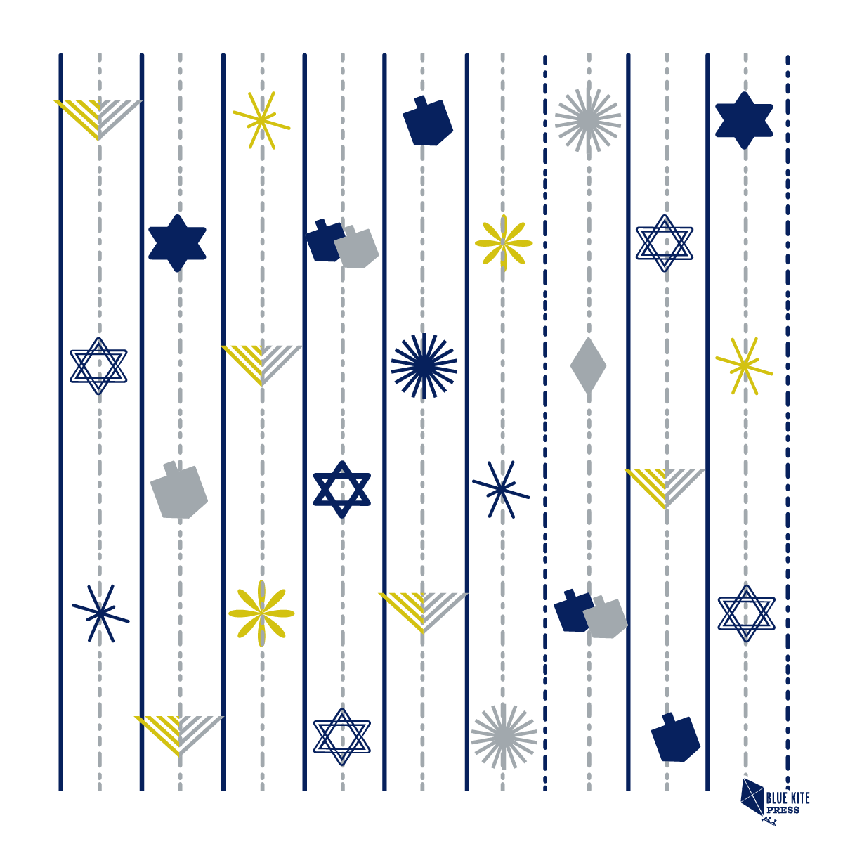 Modern Hanukkah pattern with blue, yellow, and gray symbols including dreidels, Stars of David, menorahs, and stars on white background with vertical blue lines, perfect for festive gift wrapping