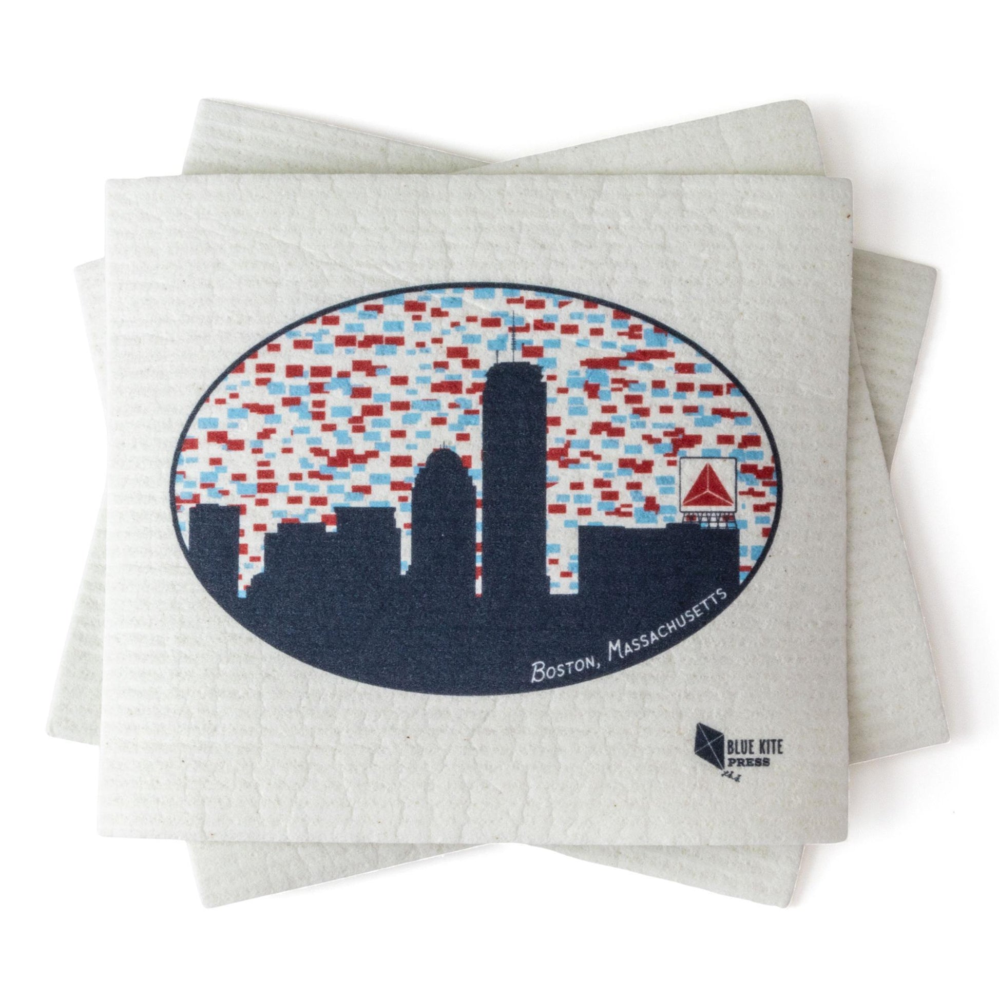 Eco-friendly Swedish dishcloth featuring Boston skyline silhouette with iconic Citgo sign against colorful pixelated background, printed on white cellulose fabric