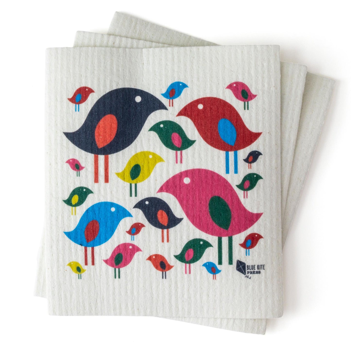 Colorful modern bird flock design on white Swedish dishcloth, featuring stylized birds in various sizes and vibrant colors including red, blue, pink, green, and yellow, arranged in a playful pattern on a reusable eco-friendly cloth.