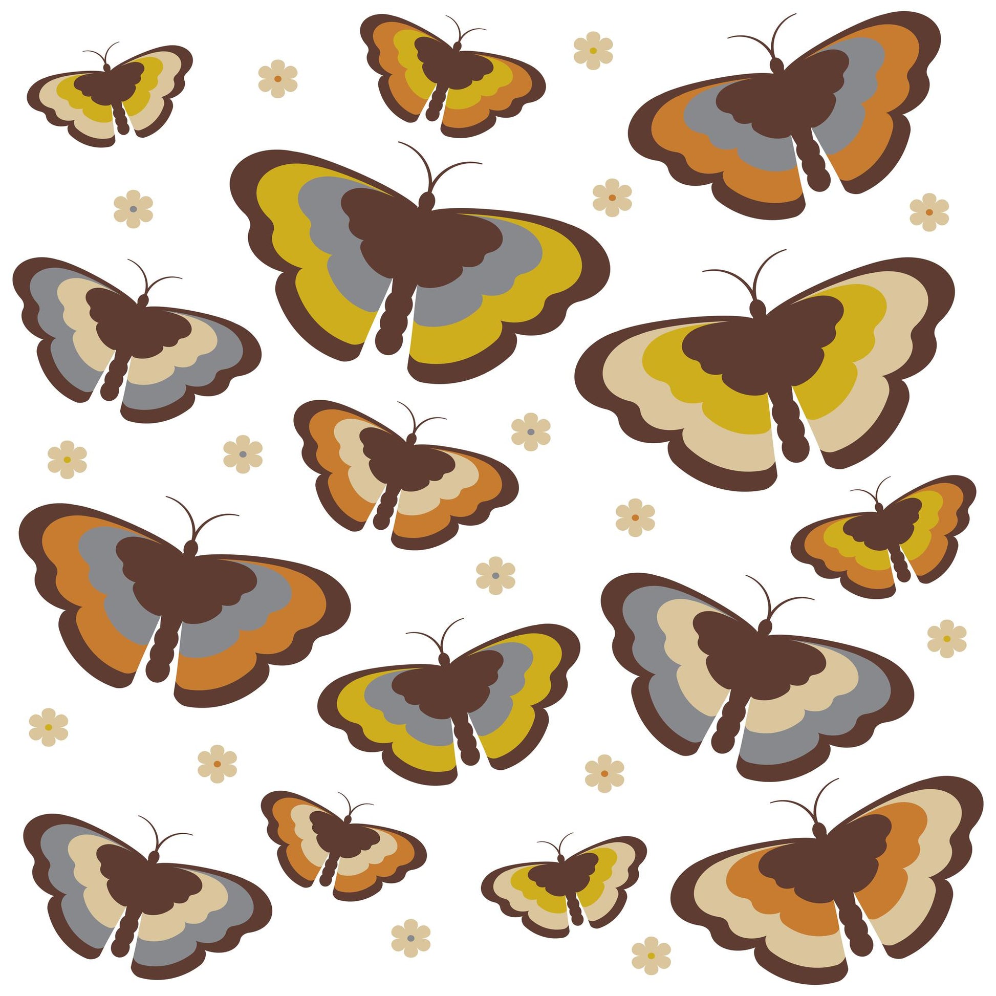 Retro-style butterfly pattern with various brown, yellow, orange, and gray butterflies scattered across a white background, interspersed with small beige flower designs, reminiscent of 1970s aesthetic