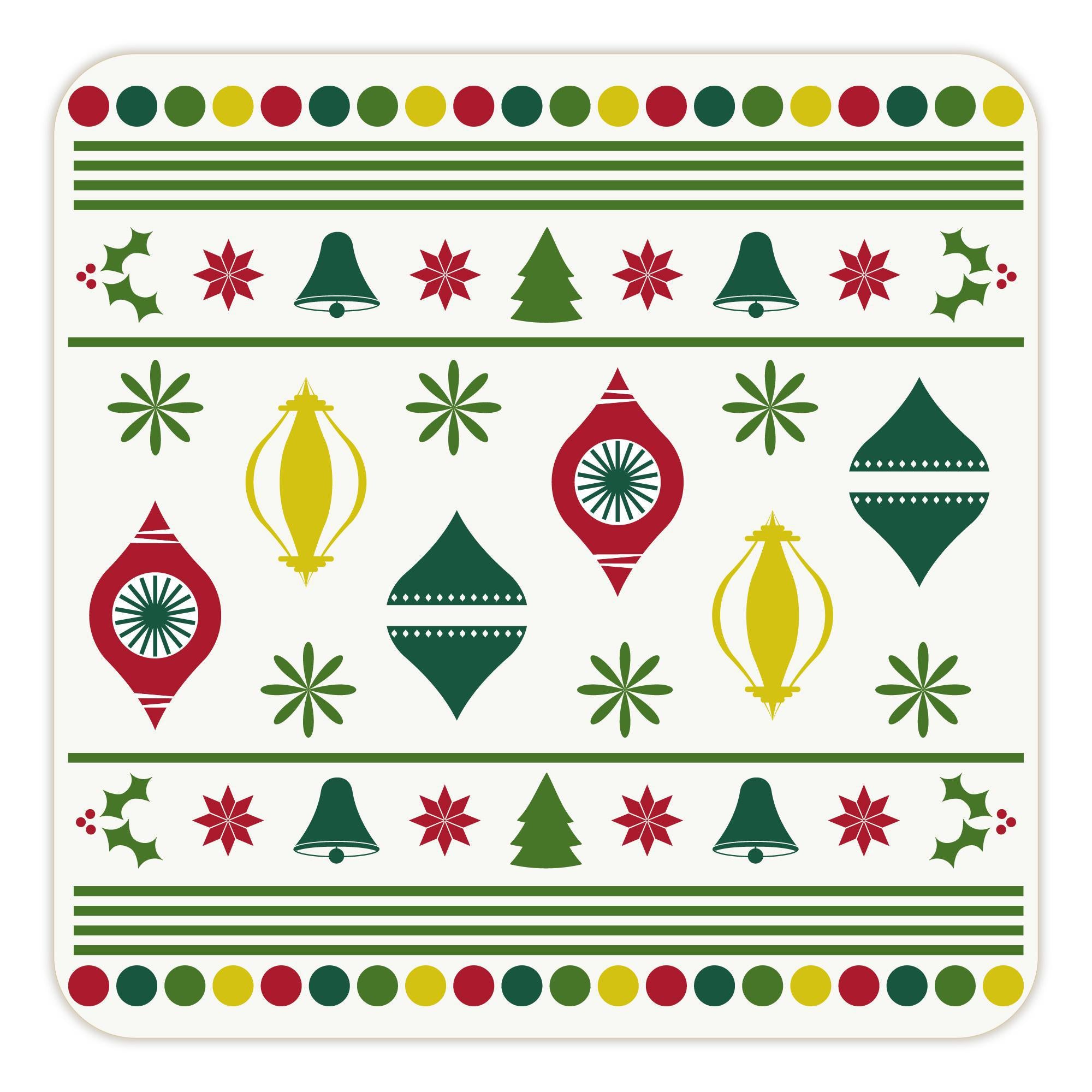 Christmas Paper Coasters featuring green ornaments and trees design, set of 4 disposable eco-friendly cocktail party essentials.