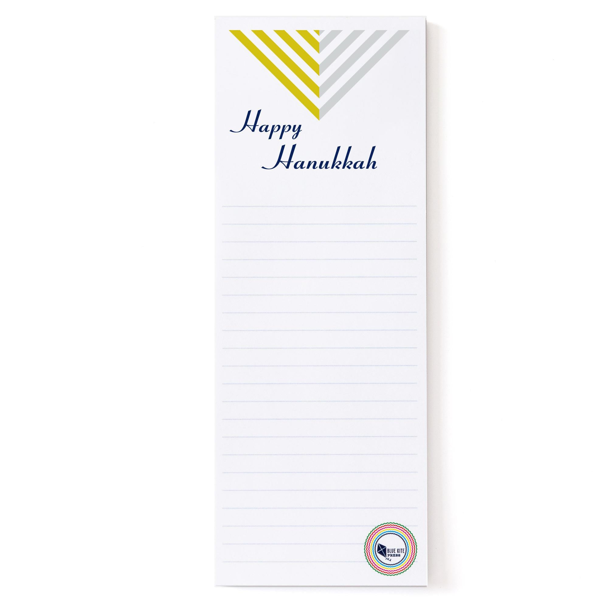 Hanukkah notepad with modern geometric design featuring yellow and gray stripes, 'Happy Hanukkah' text, lined paper, and a small circular logo at the bottom