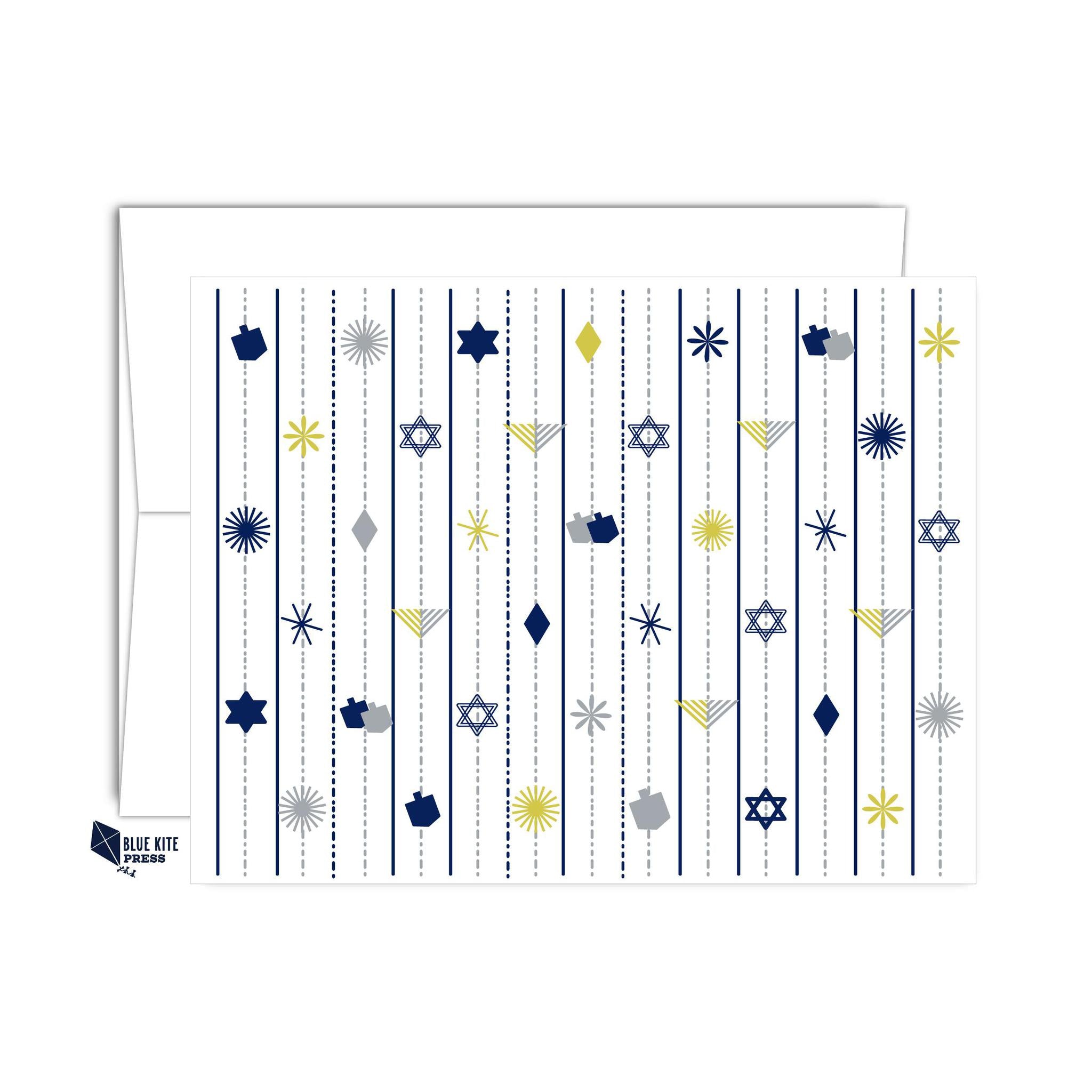 Hanukkah Note Card Set Dreidels & Menorahs with blue and gold symbols on white background includes 8 cards and envelopes