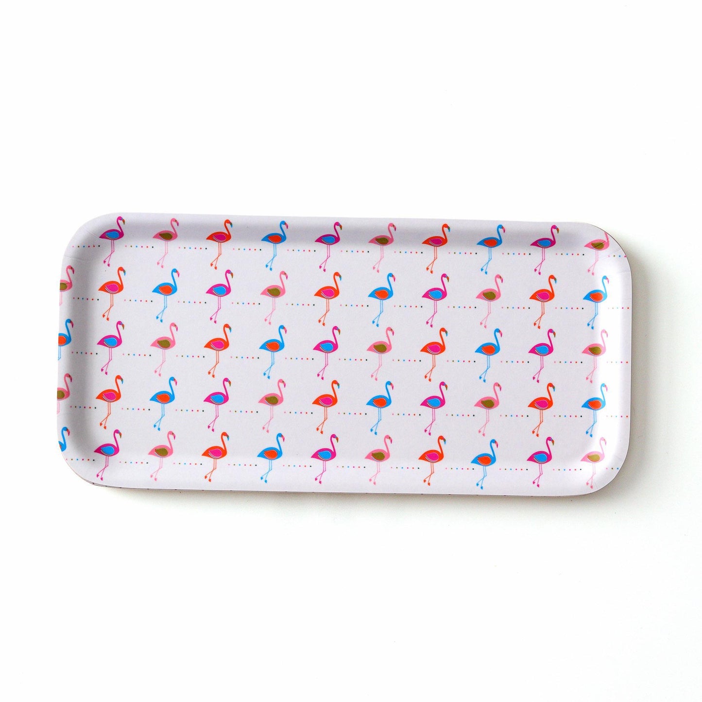 Rectangular birch tray with colorful flamingo pattern, featuring pink and blue flamingos on a white background. Modern design perfect for serving or decorative use.