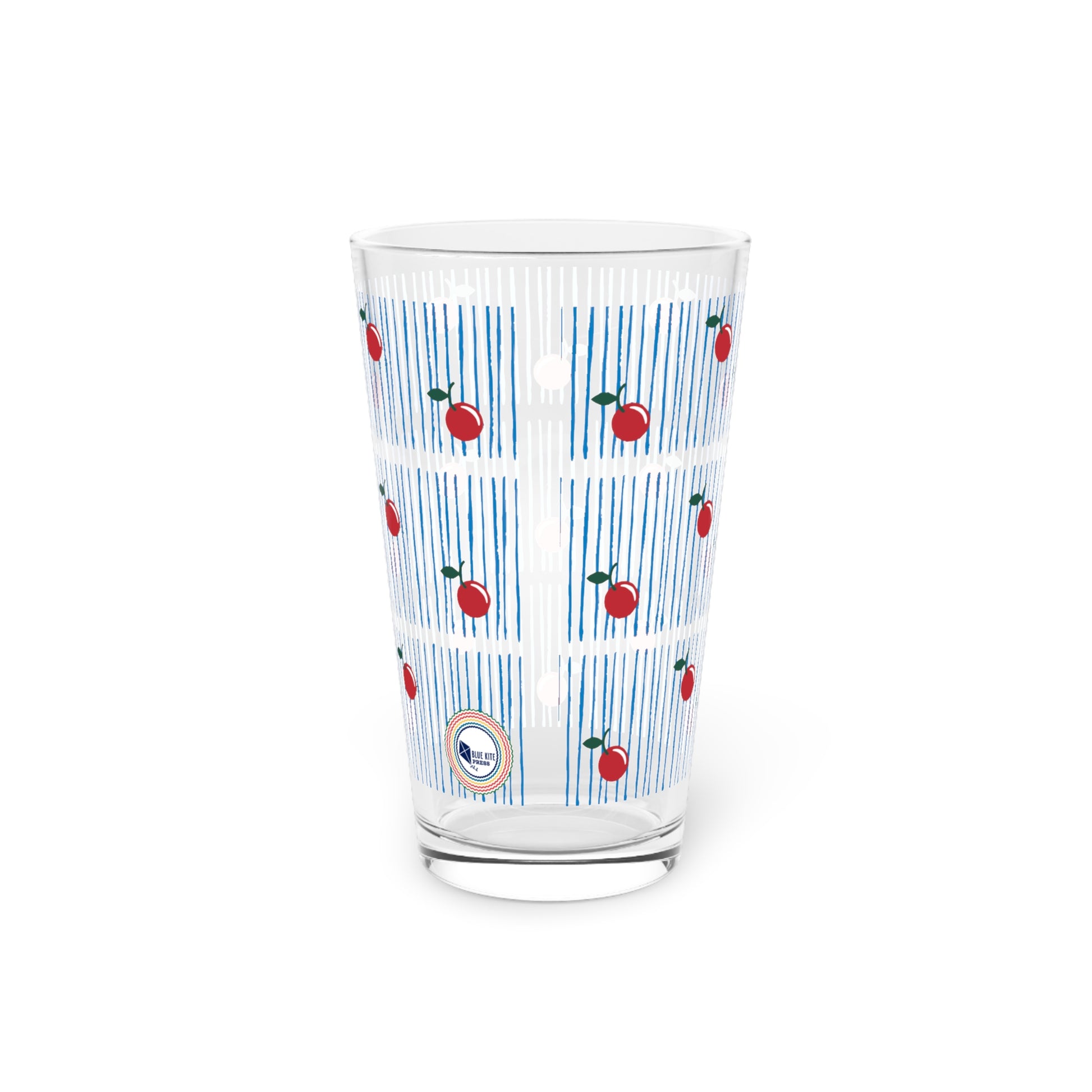 Cherry Pint Glass with blue and red retro pattern, 16 oz, perfect for gifts, picnics, and parties.