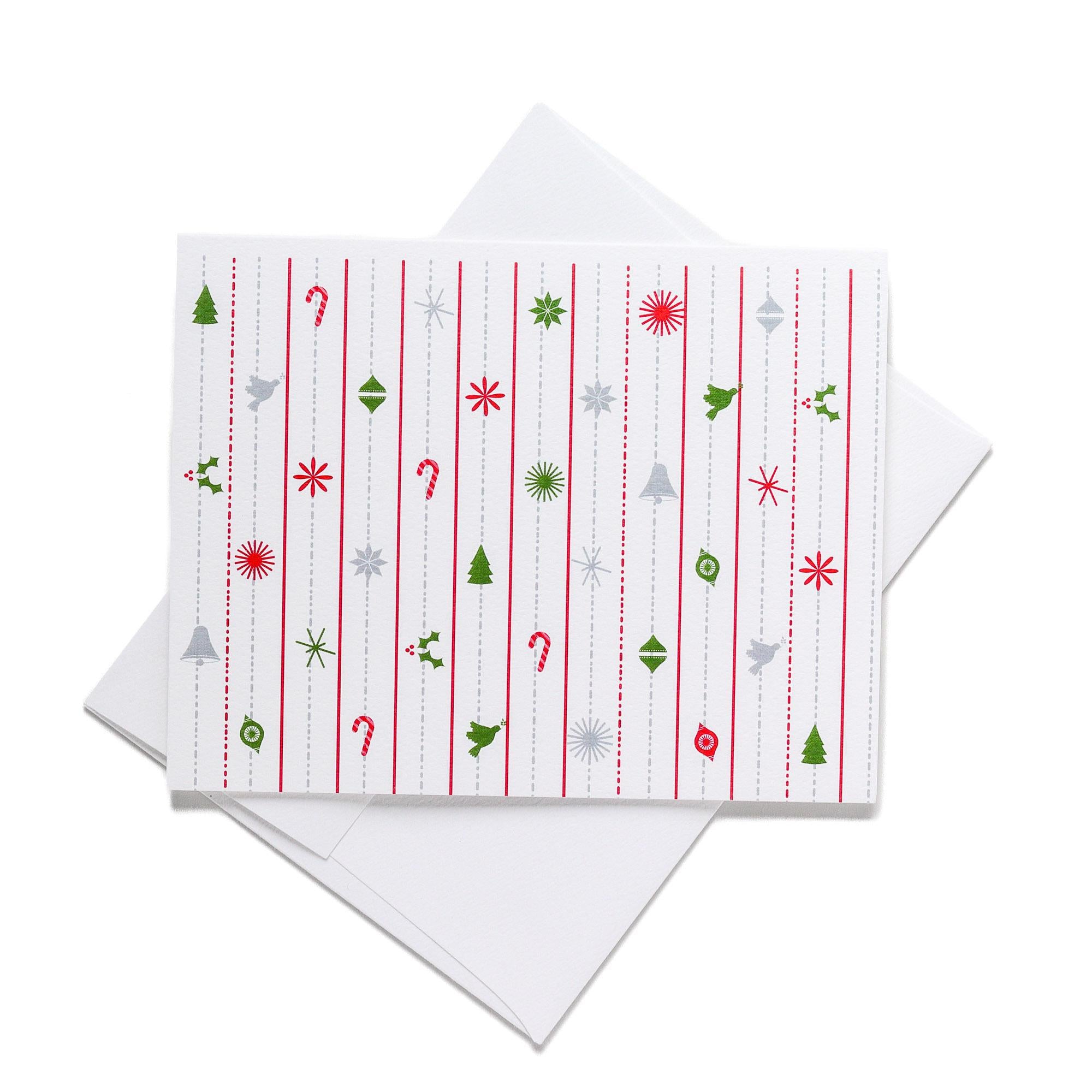 Christmas Bright Card featuring vintage ornaments and trees design blank inside for personalized holiday greetings.
