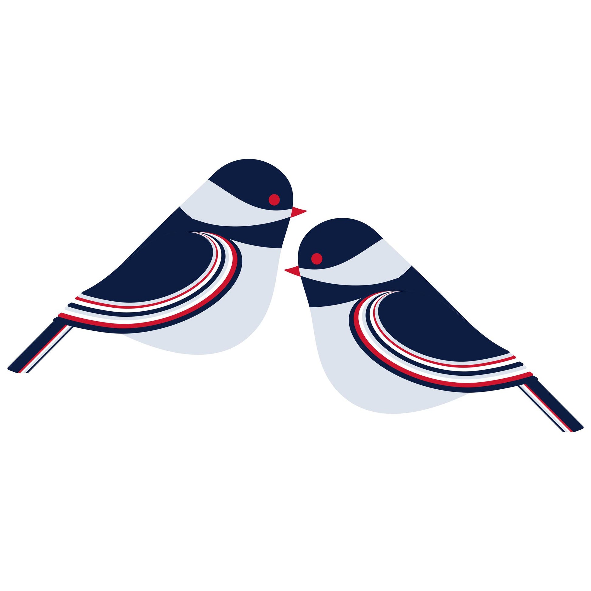 Modern stylized chickadee design on Swedish dishcloth, featuring two birds in navy blue and white with red accents, illustrating eco-friendly and reusable kitchen product